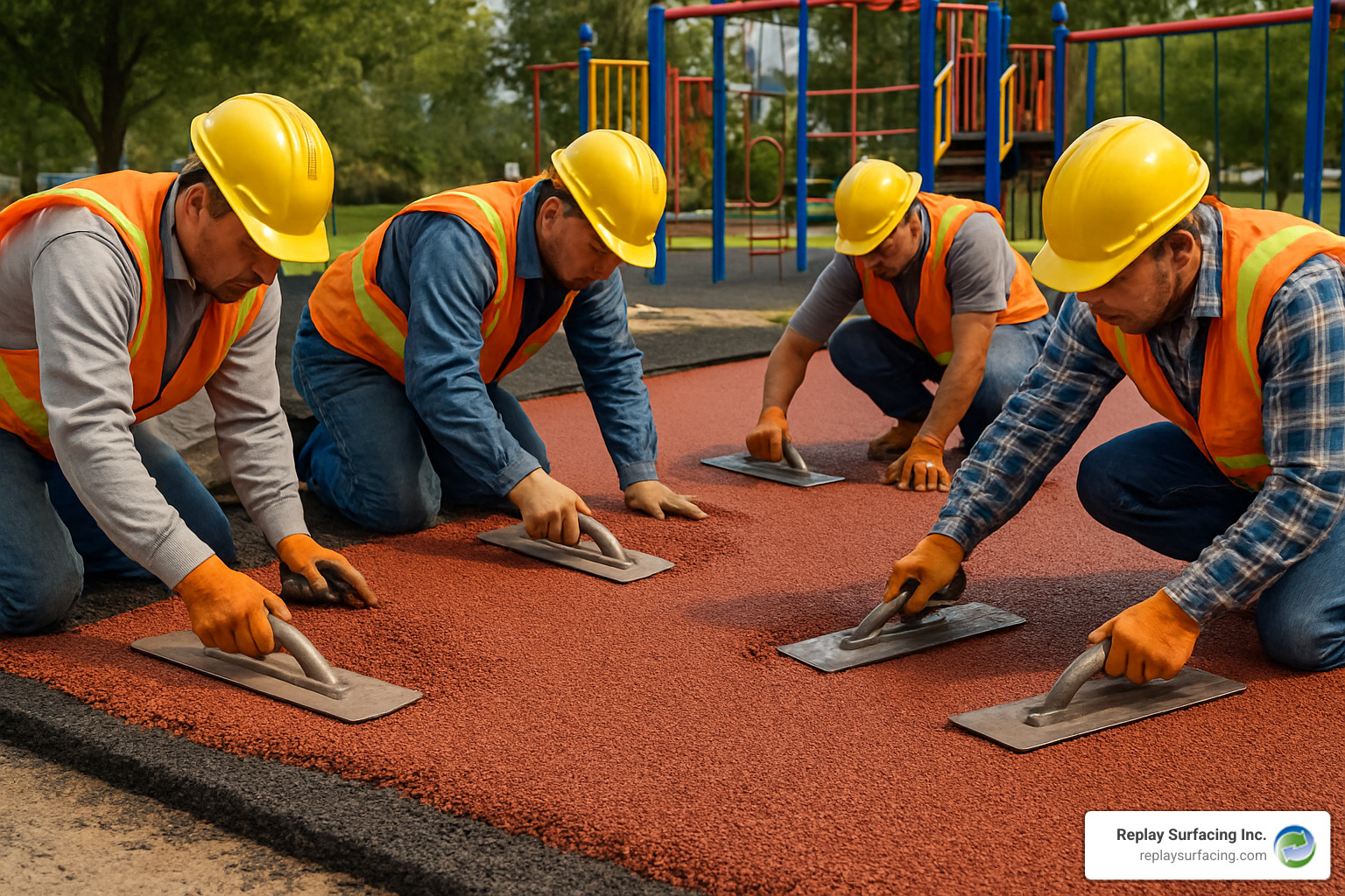 Installation crew using hand trowels to smooth wet pour rubber surface, showing proper technique for achieving level finish - rubber resin playground