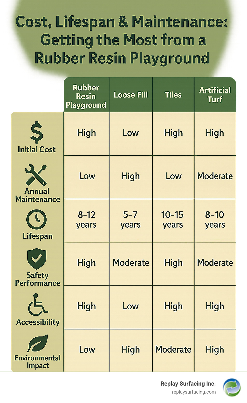 Comparison table showing rubber resin playground vs loose fill vs tiles vs artificial turf across metrics of initial cost, annual maintenance, lifespan, safety performance, accessibility, and environmental impact - rubber resin playground infographic 