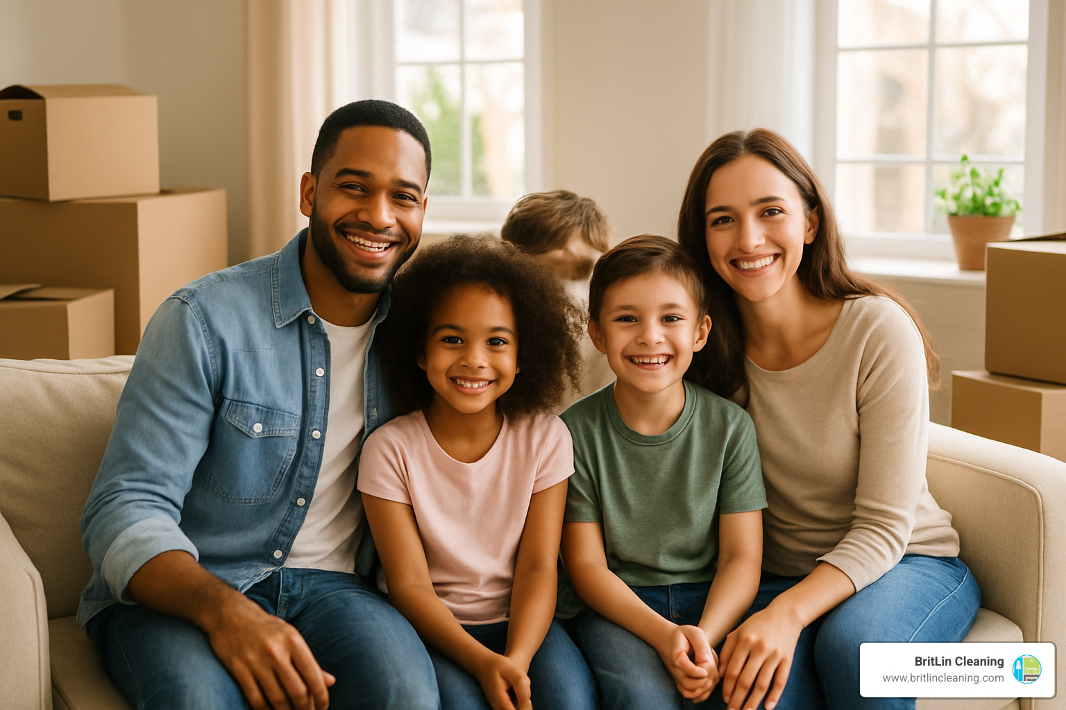 family relaxing in clean home after successful move - move in move out