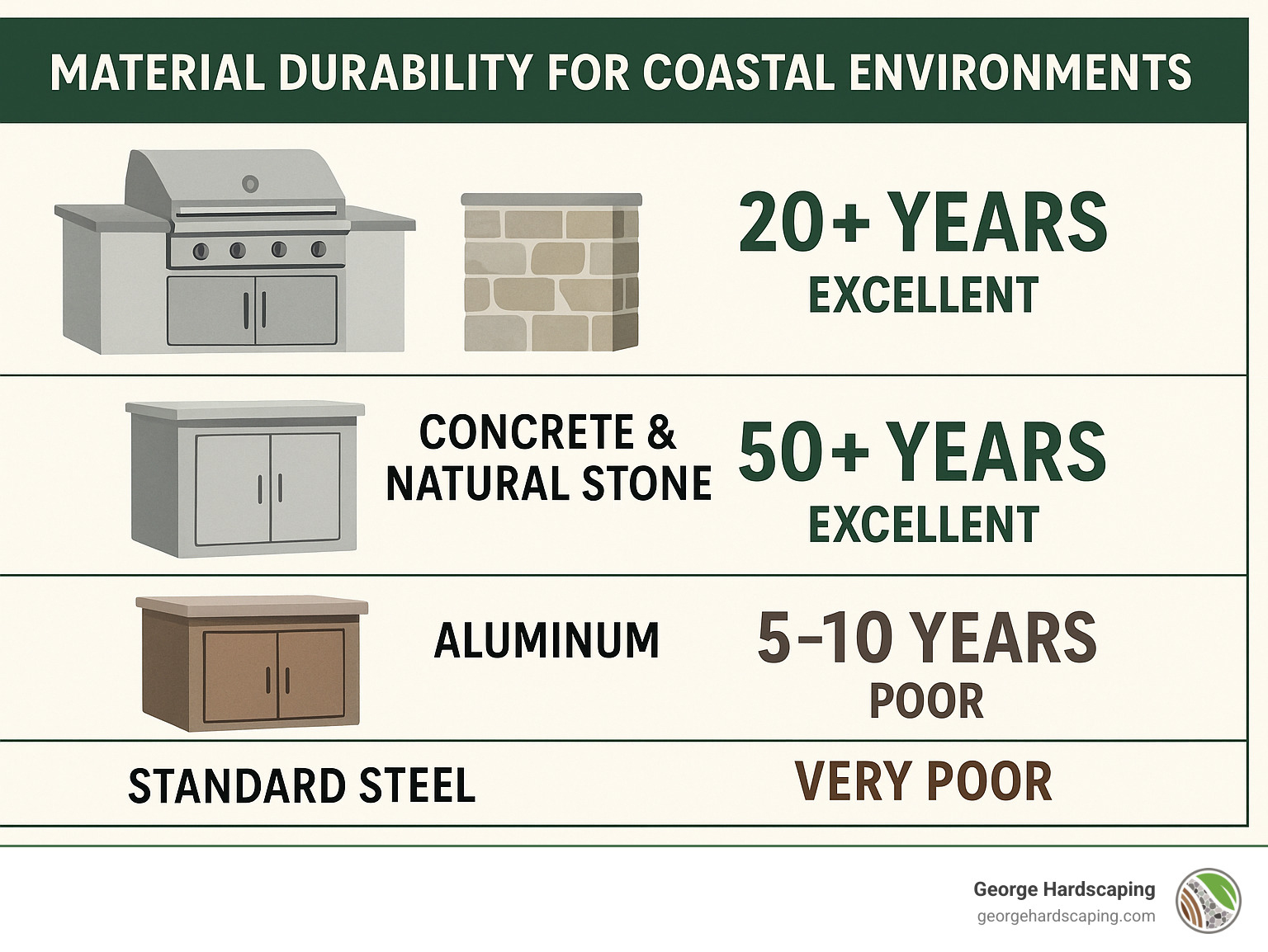 Infographic showing material durability comparison for coastal environments: 304 stainless steel rated excellent for 20+ years, concrete and natural stone rated excellent for 50+ years, aluminum rated poor for 5-10 years, standard steel rated very poor for 2-5 years - Outdoor kitchen grill station infographic 