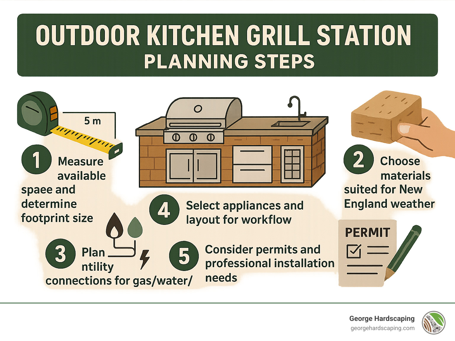 Infographic showing outdoor kitchen grill station planning steps: 1. Measure available space and determine footprint size, 2. Choose materials suited for New England weather, 3. Plan utility connections for gas/water/electric, 4. Select appliances and layout for workflow, 5. Consider permits and professional installation needs - Outdoor kitchen grill station infographic 