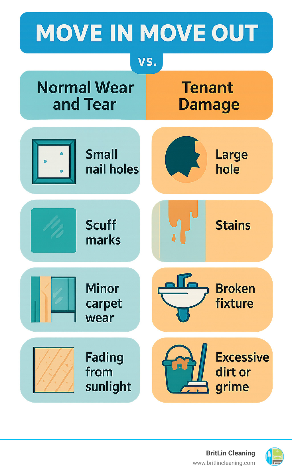 comparison chart showing normal wear and tear versus tenant damage examples - move in move out infographic
