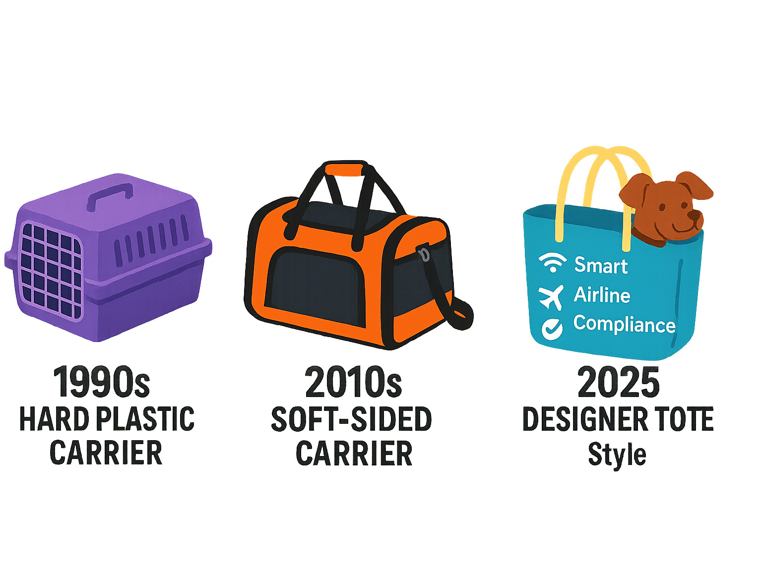 Infographic showing the evolution of pet carriers from basic crates to modern luxury tote bags, featuring timeline from 1990s hard plastic carriers to 2025 designer totes with smart features, airline compliance standards, and style integration - pet travel tote bag infographic
