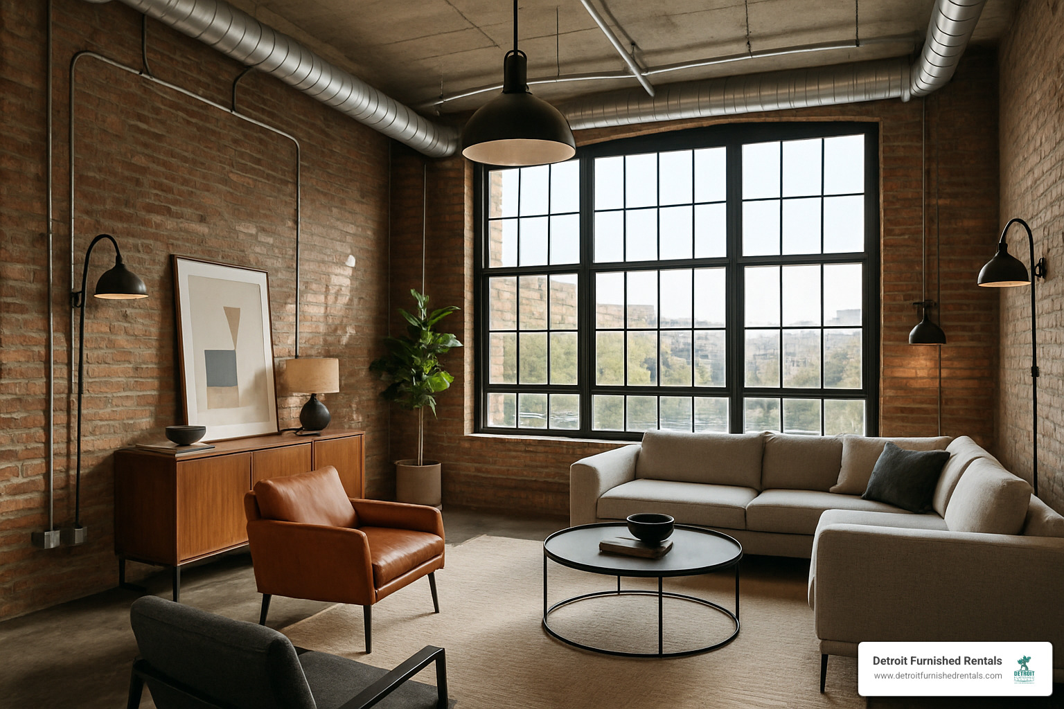 Modern Detroit loft interior with exposed brick walls and industrial fixtures - Detroit apartments with utilities included