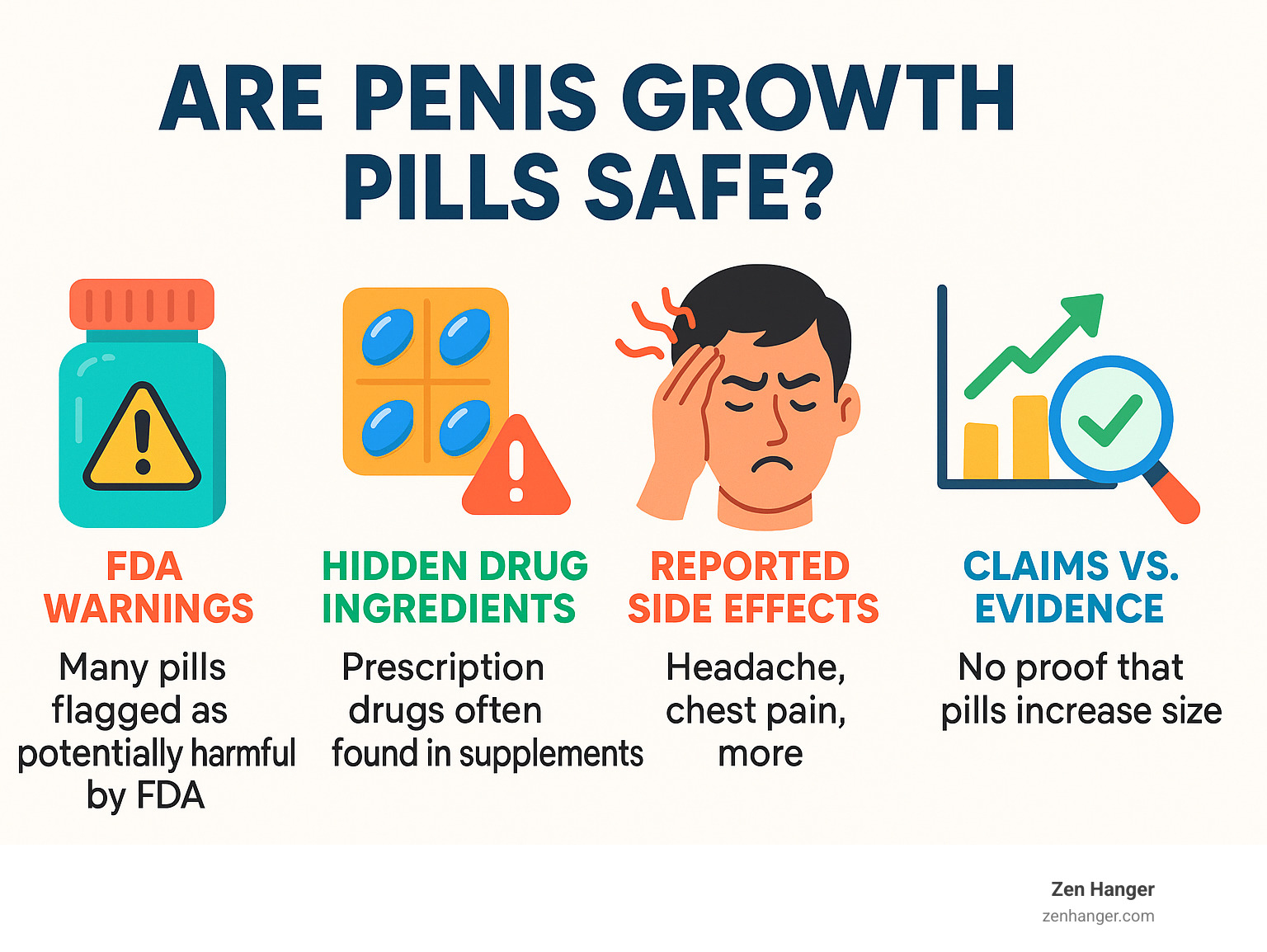 Infographic showing penis growth pill safety statistics including FDA warnings, hidden drug ingredients found in supplements, reported side effects, and comparison of marketing claims versus clinical evidence - are penis growth pills safe infographic 