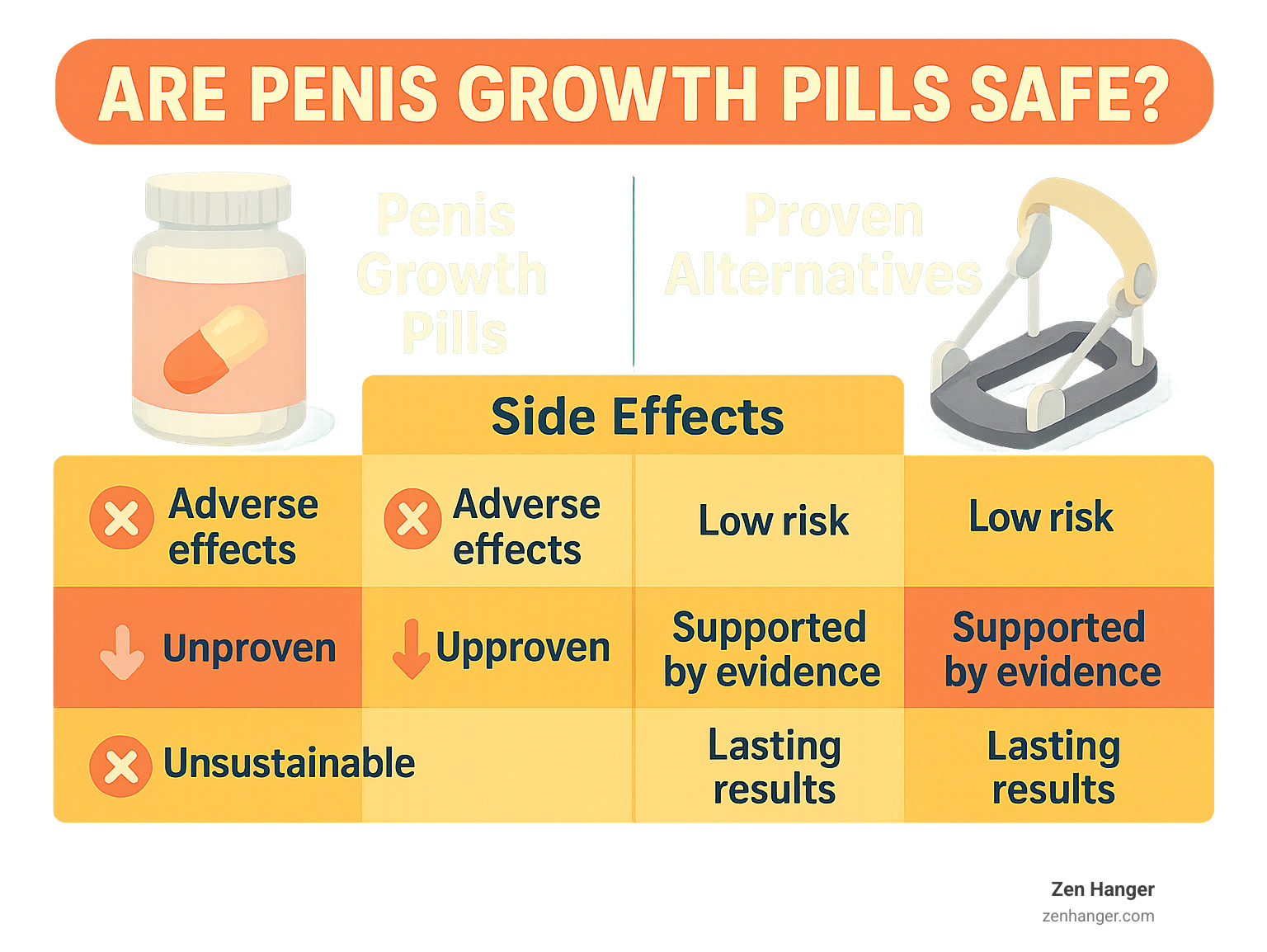 Infographic comparing safety and effectiveness of penis growth pills versus proven alternatives like traction devices, showing side effects, success rates, and long-term outcomes - are penis growth pills safe infographic 