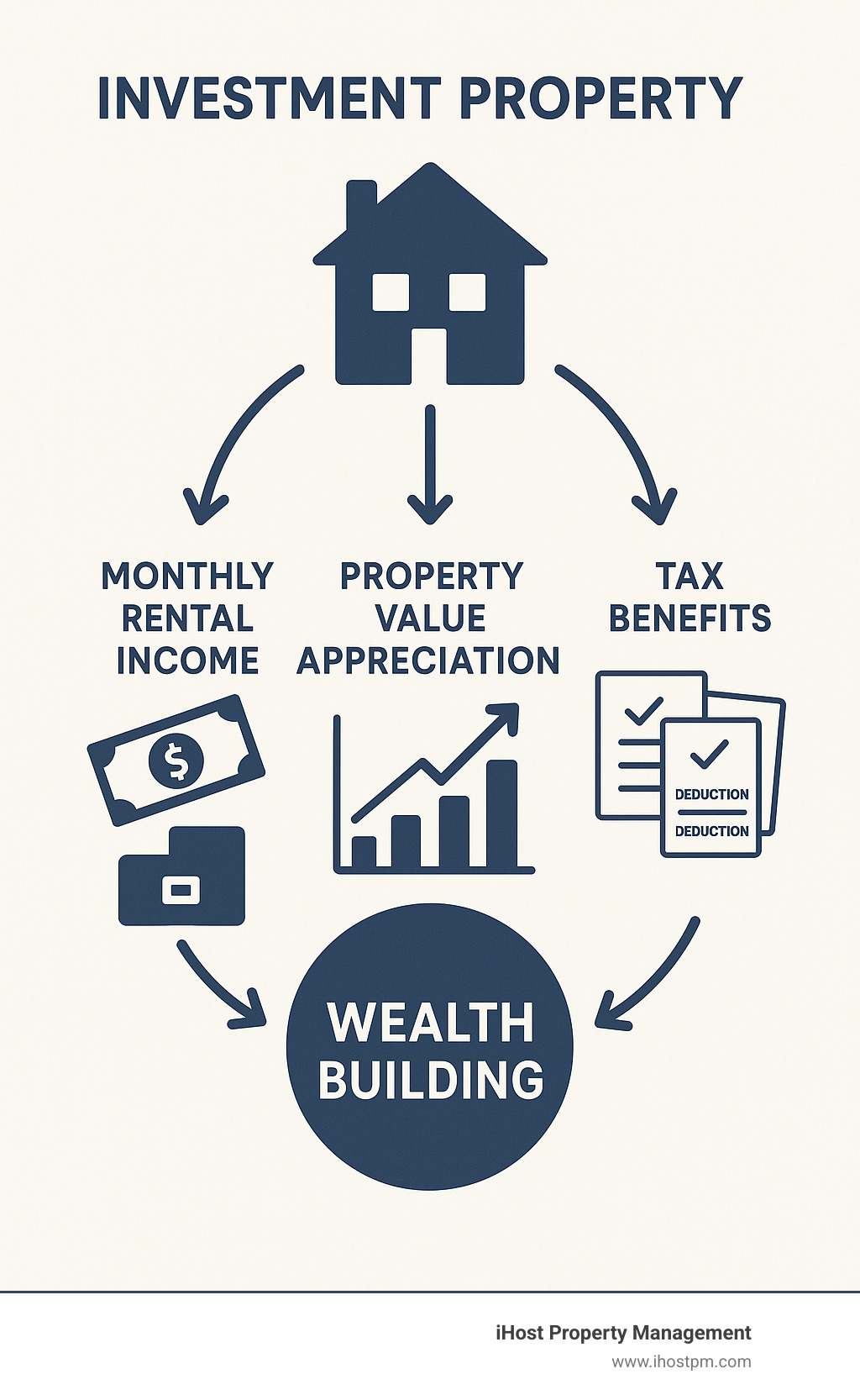 Infographic showing the three pillars of real estate wealth building: monthly rental income flowing into bank account, property value appreciation chart trending upward, and tax benefits represented by deduction symbols, with arrows connecting to a central wealth-building concept - investment property infographic 