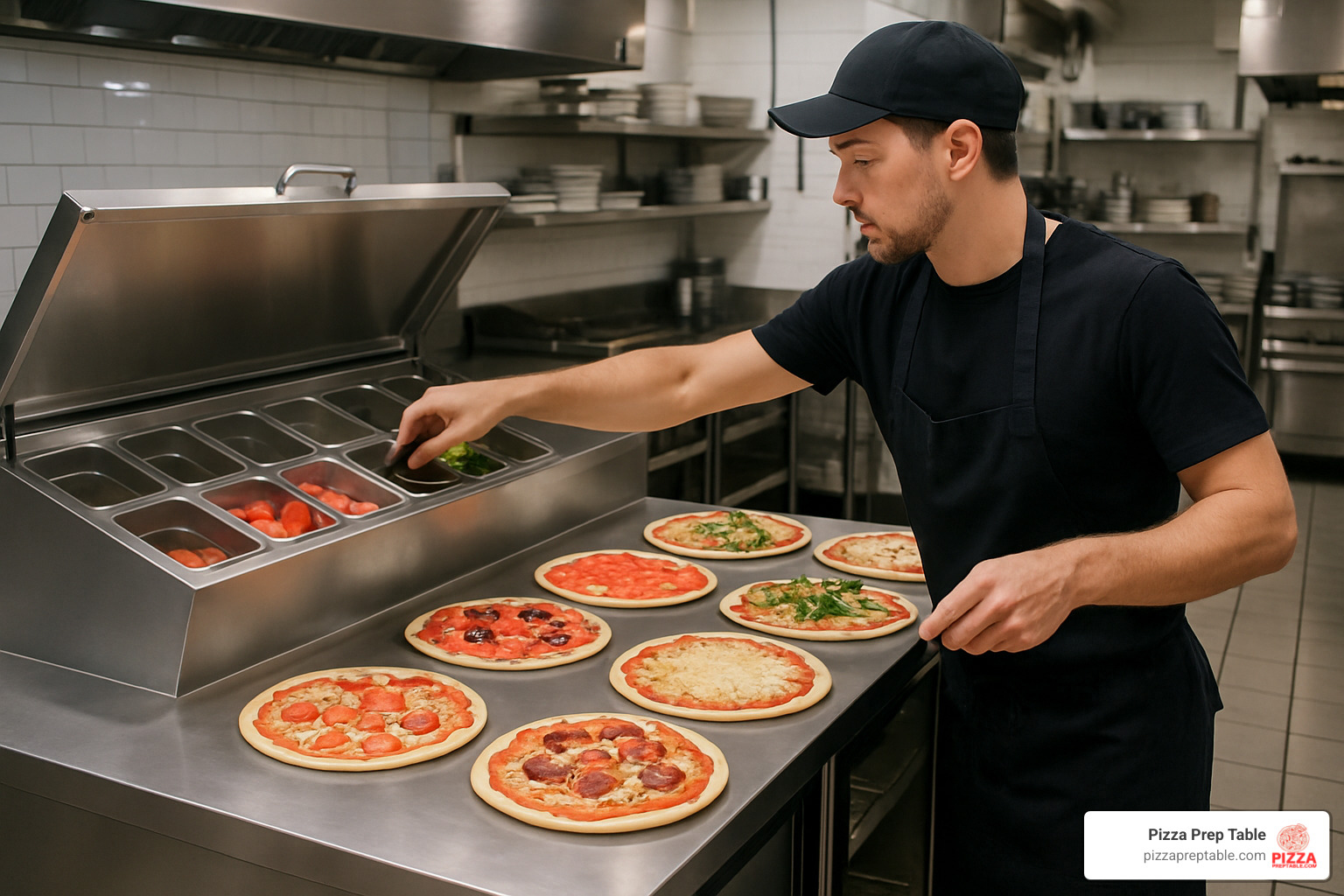 Line cook efficiently grabbing ingredient pans from the rail of a 3 door pizza prep fridge while assembling multiple pizzas simultaneously - 3 door pizza prep fridge
