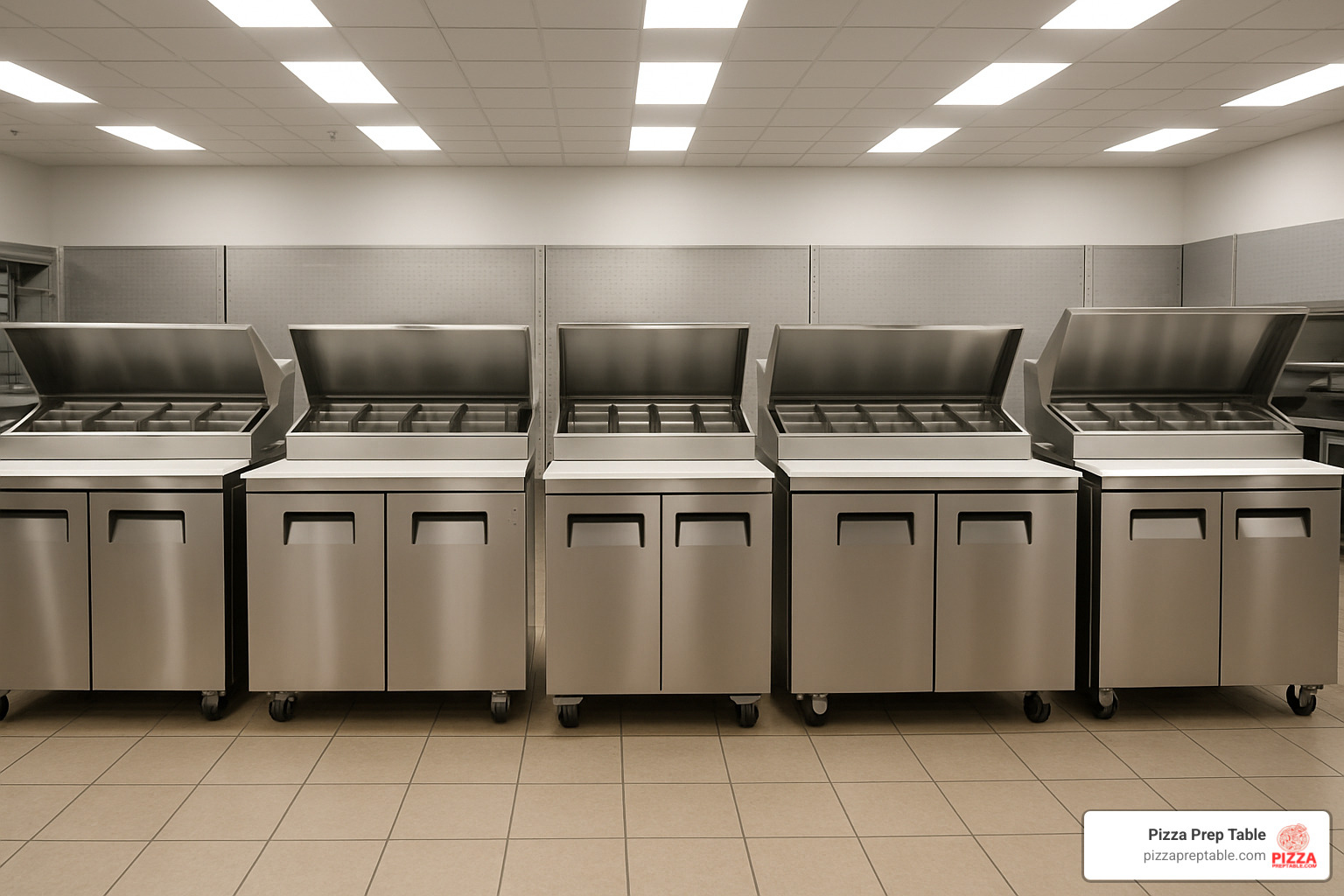Product lineup showing six different 3 door pizza prep fridges arranged side by side, displaying various brand models with their distinctive features and sizing - 3 door pizza prep fridge