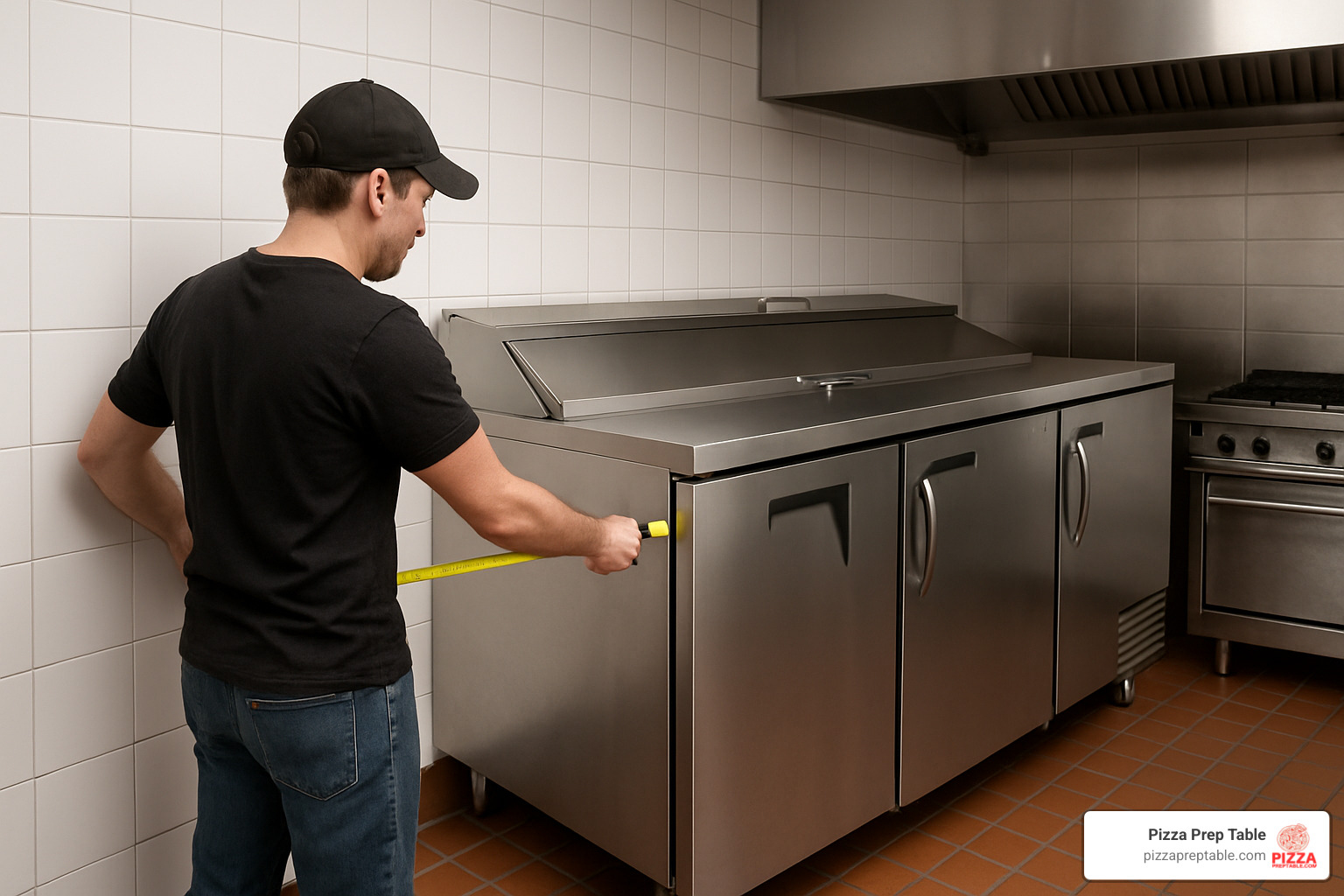 Person measuring kitchen space with tape measure to determine proper placement and clearance requirements for a 3 door pizza prep fridge installation - 3 door pizza prep fridge