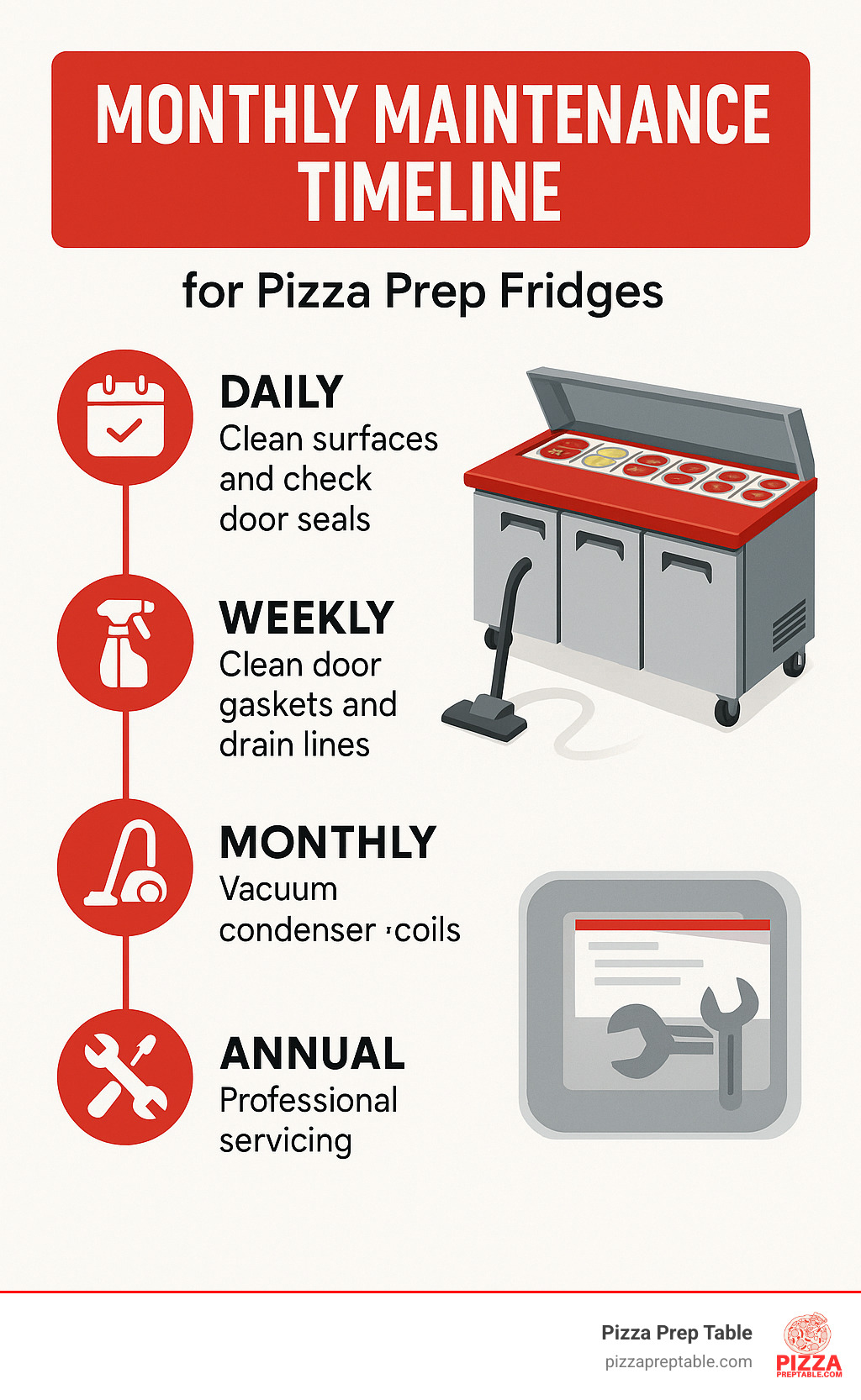 Monthly maintenance timeline infographic showing daily, weekly, monthly and annual maintenance tasks for pizza prep fridges with icons and timeframes - 3 door pizza prep fridge infographic 