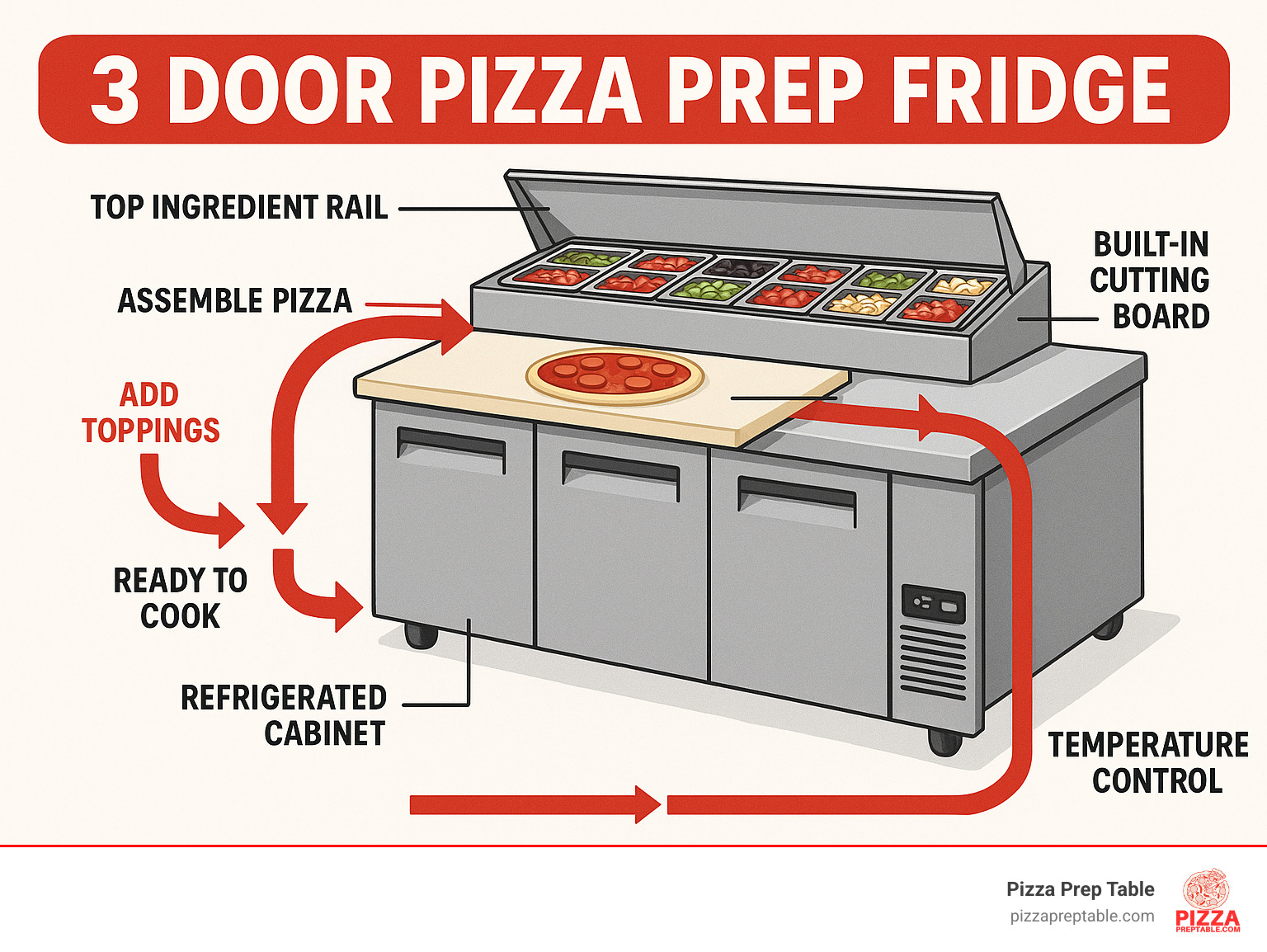 Detailed breakdown of 3 door pizza prep fridge components showing refrigerated cabinet with three doors, top ingredient rail with multiple food pans, built-in cutting board surface, temperature control system, and workflow arrows demonstrating efficient pizza assembly process - 3 door pizza prep fridge infographic 