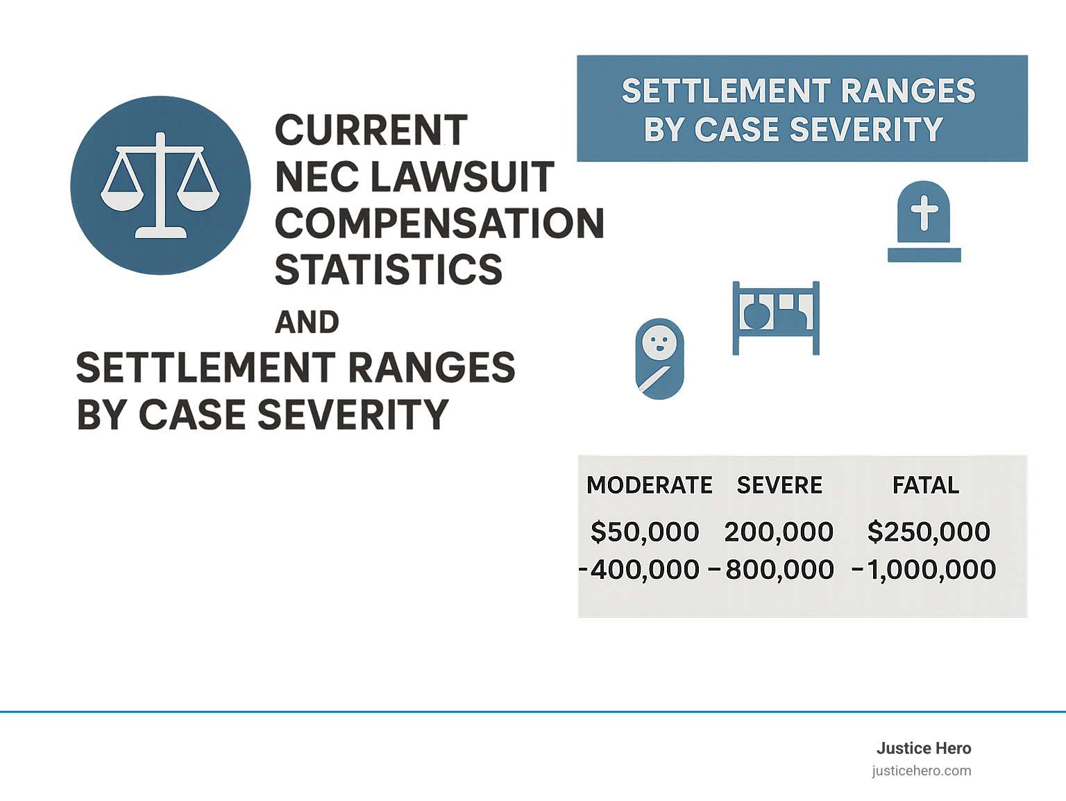 Current NEC lawsuit compensation statistics and settlement ranges by case severity - nec formula lawyer infographic