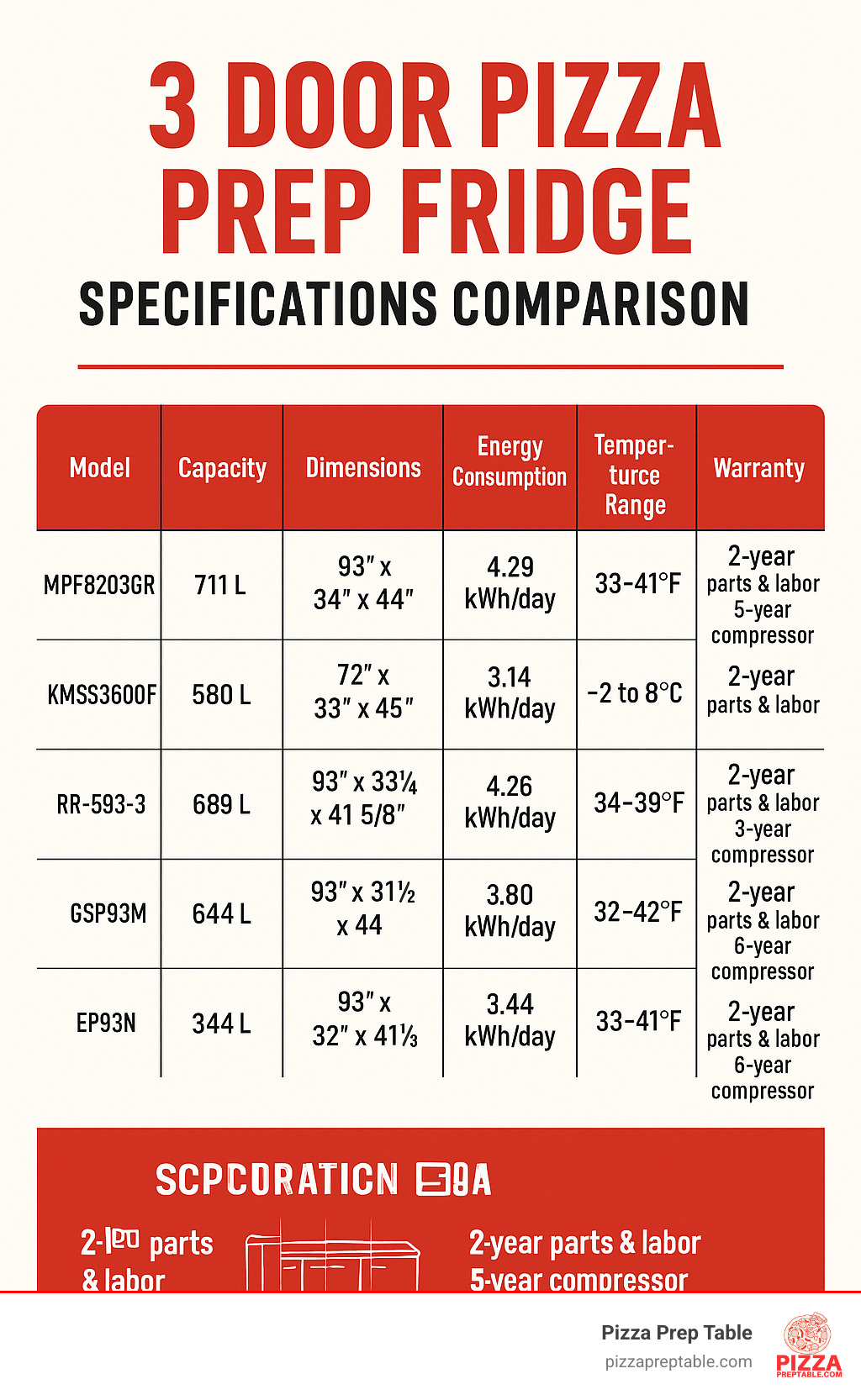 Comparison chart showing specifications and warranty terms for top 5 pizza prep fridge models including capacity, dimensions, energy consumption, temperature range, and warranty coverage - 3 door pizza prep fridge infographic 