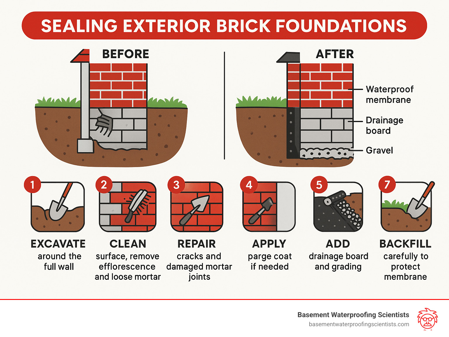 Comprehensive infographic showing the 7-step process for sealing exterior brick foundations, including excavation depth requirements, proper cleaning techniques, crack repair methods, membrane application, and drainage installation with cross-section views of before and after wall protection - sealing exterior brick foundation infographic 