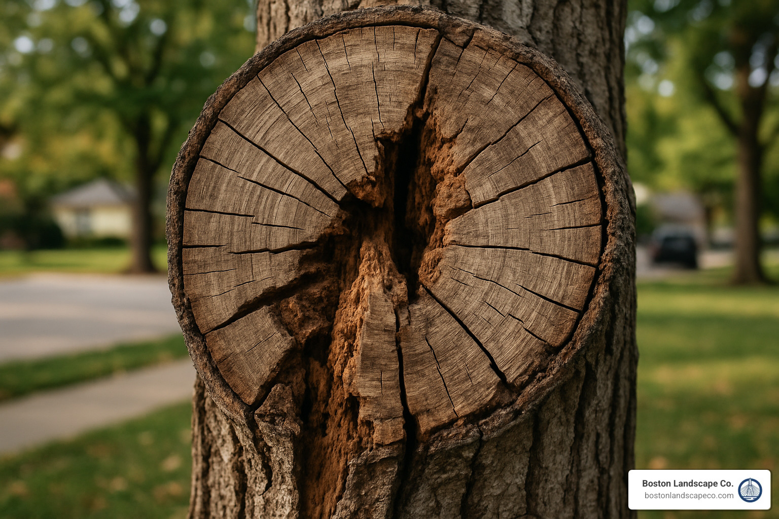 cracked tree trunk showing internal decay - tree hazard assessment