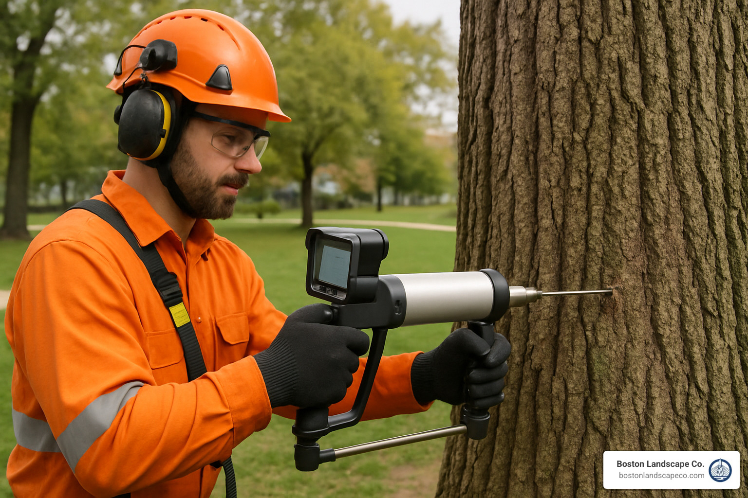 Professional arborist using resistograph to test wood density - tree hazard assessment