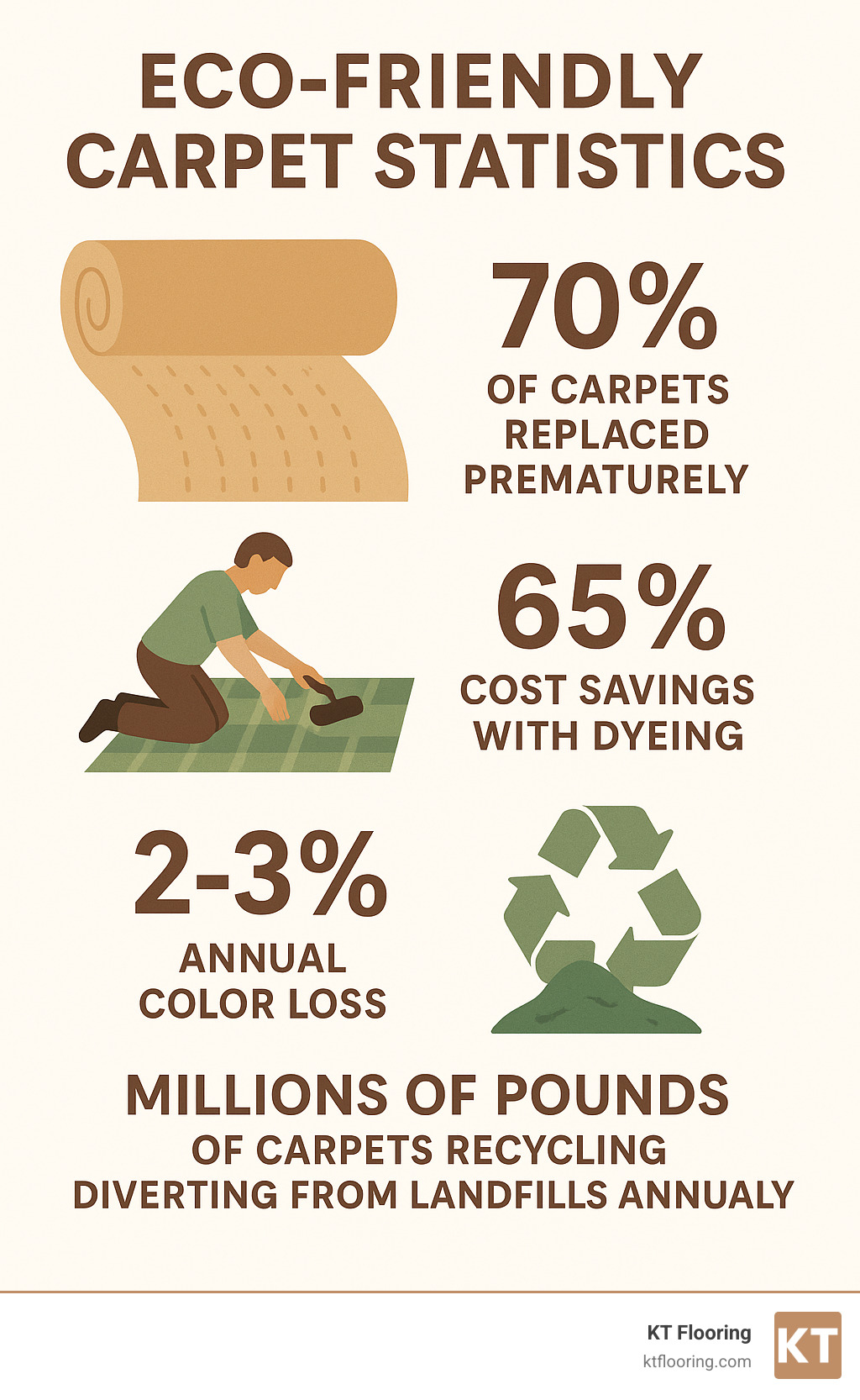 Infographic showing eco-friendly carpet statistics: 70% of carpets replaced prematurely, 65% cost savings with dyeing, 2-3% annual color loss, and recycling diverting millions of pounds from landfills annually - carpet changing near me infographic