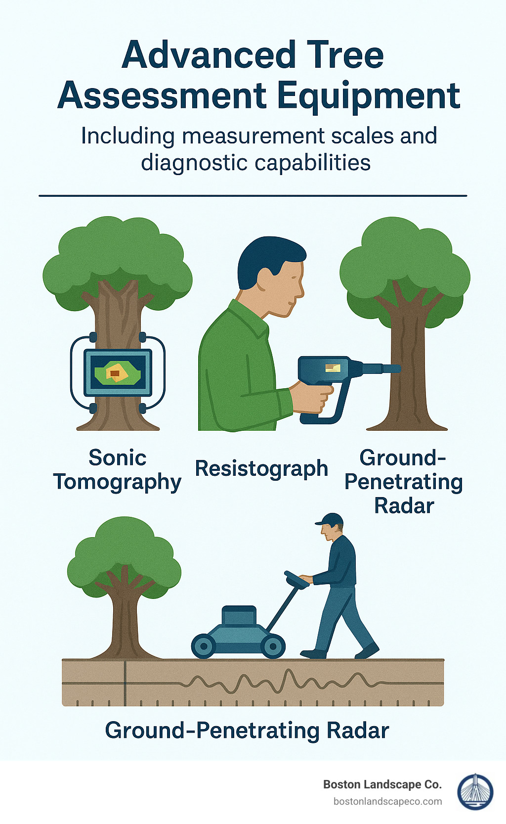 Advanced tree assessment equipment including sonic tomography, resistograph, and ground-penetrating radar with measurement scales and diagnostic capabilities - tree hazard assessment infographic
