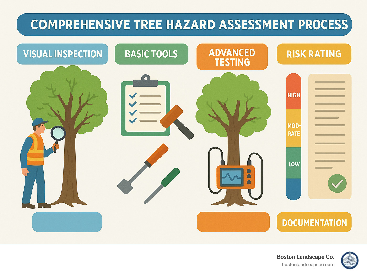 Comprehensive tree hazard assessment process showing visual inspection, basic tools, and advanced testing methods with risk rating scales and documentation requirements - tree hazard assessment infographic
