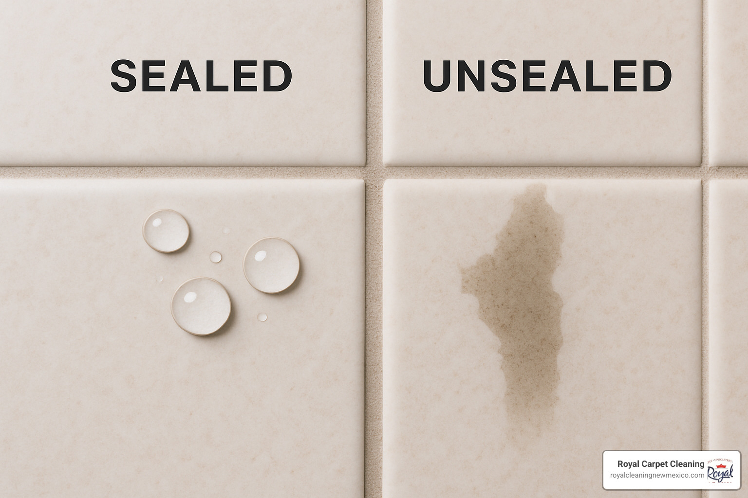 Comparison image showing sealed versus unsealed grout with water beading on sealed surface - cleaning tile grouting