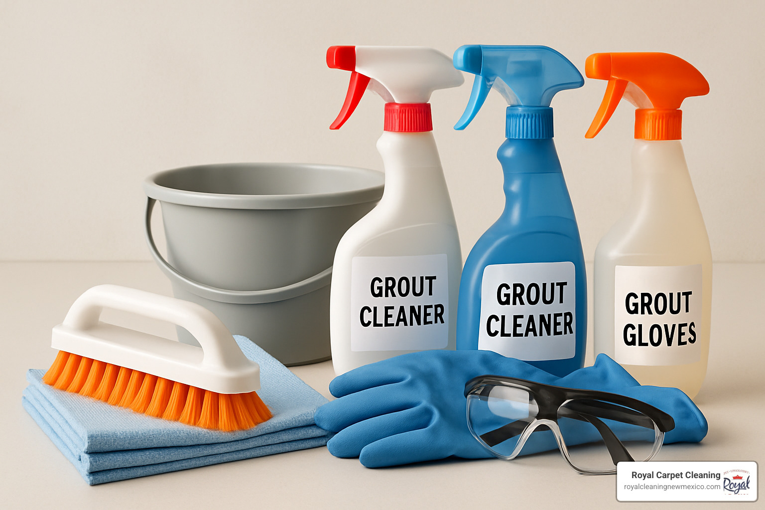 Professional grout cleaning tools and supplies laid out including brushes, cleaners, and protective equipment - cleaning tile grouting