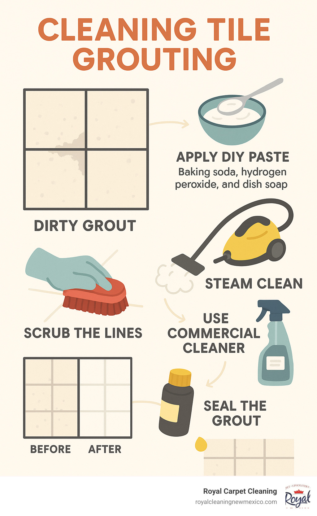 Comprehensive infographic showing the grout cleaning process from dirty grout identification through cleaning methods including DIY paste application, scrubbing techniques, steam cleaning options, commercial cleaner usage, and final sealing steps with before and after comparisons - cleaning tile grouting infographic 