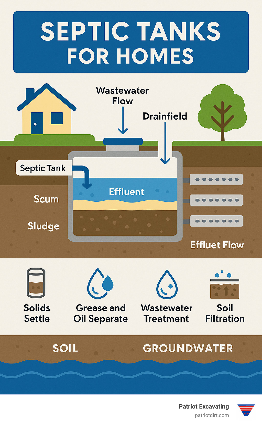 Comprehensive infographic showing septic tank cross-section with wastewater flow from house through tank chambers to drainfield, including treatment stages and soil filtration process - Septic tanks for homes infographic 