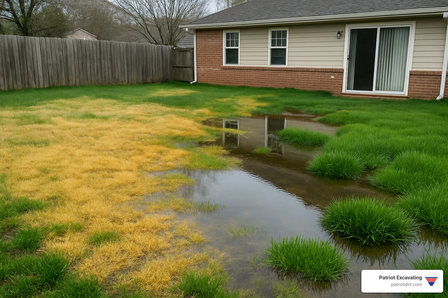 soggy drainfield with standing water and unhealthy grass - Septic tanks for homes
