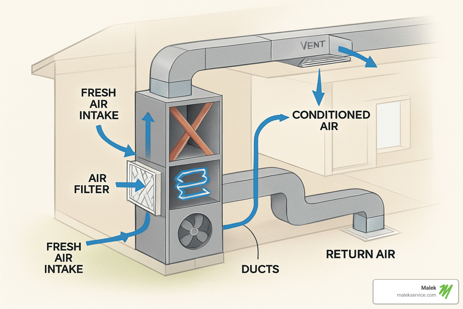 HVAC system airflow diagram showing fresh air intake, filtration, heating/cooling, and distribution throughout a home - indoor air quality control