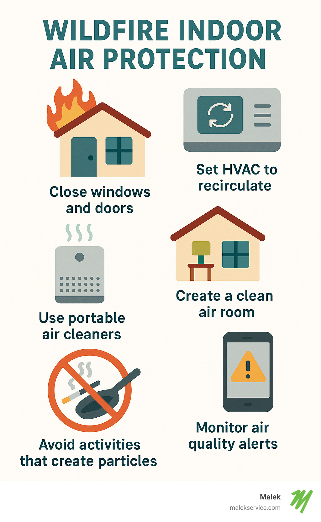 Infographic showing wildfire indoor air protection steps: close windows and doors, set HVAC to recirculate, use portable air cleaners, create a clean air room, avoid activities that create particles like smoking or frying, and monitor air quality alerts - indoor air quality control infographic 