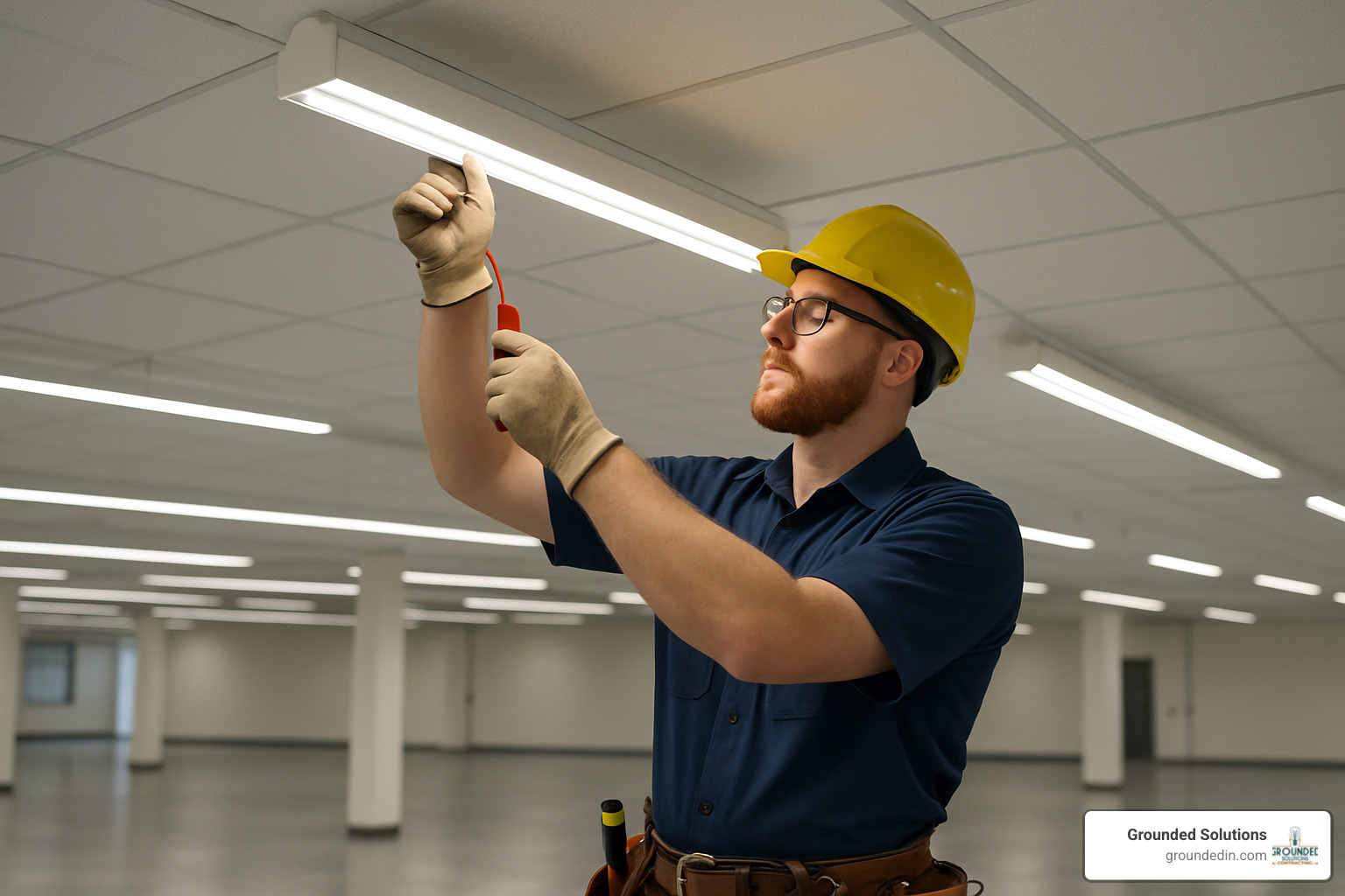 Licensed electrician installing LED fixtures in Indianapolis commercial facility - LED lighting retrofit contractors