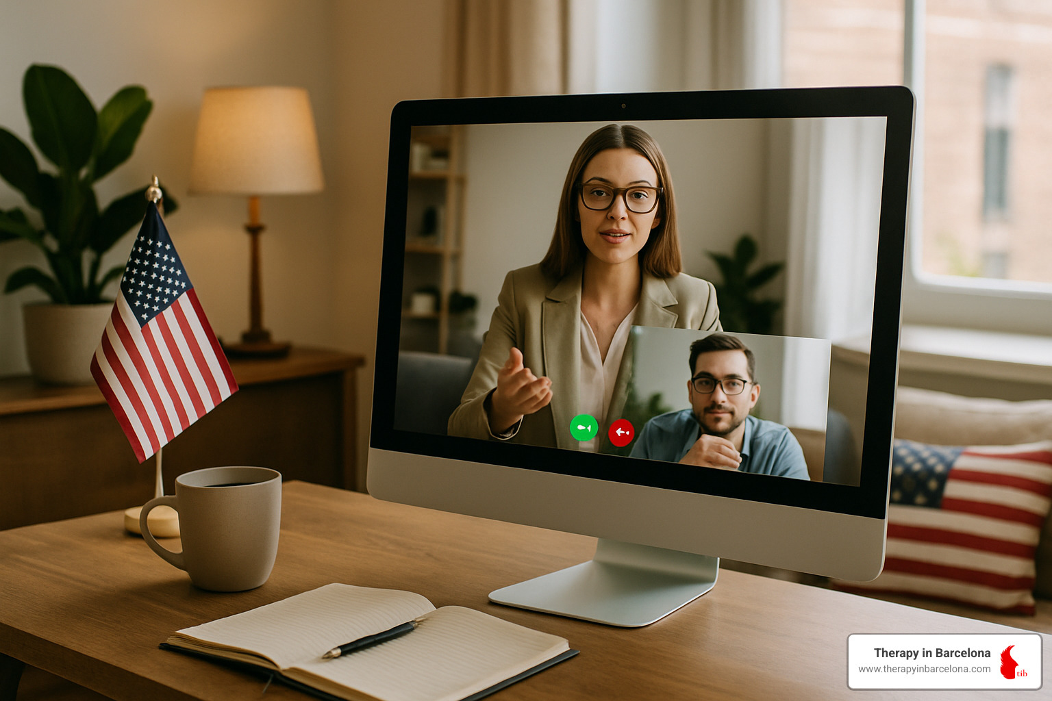 online therapy setup showing computer screen with therapist and client in video call, highlighting flexibility and accessibility - expat therapy barcelona