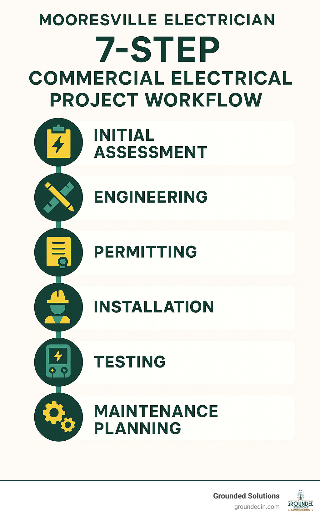 7-step commercial electrical project workflow from initial assessment through final inspection and ongoing maintenance planning - Mooresville Electrician infographic 