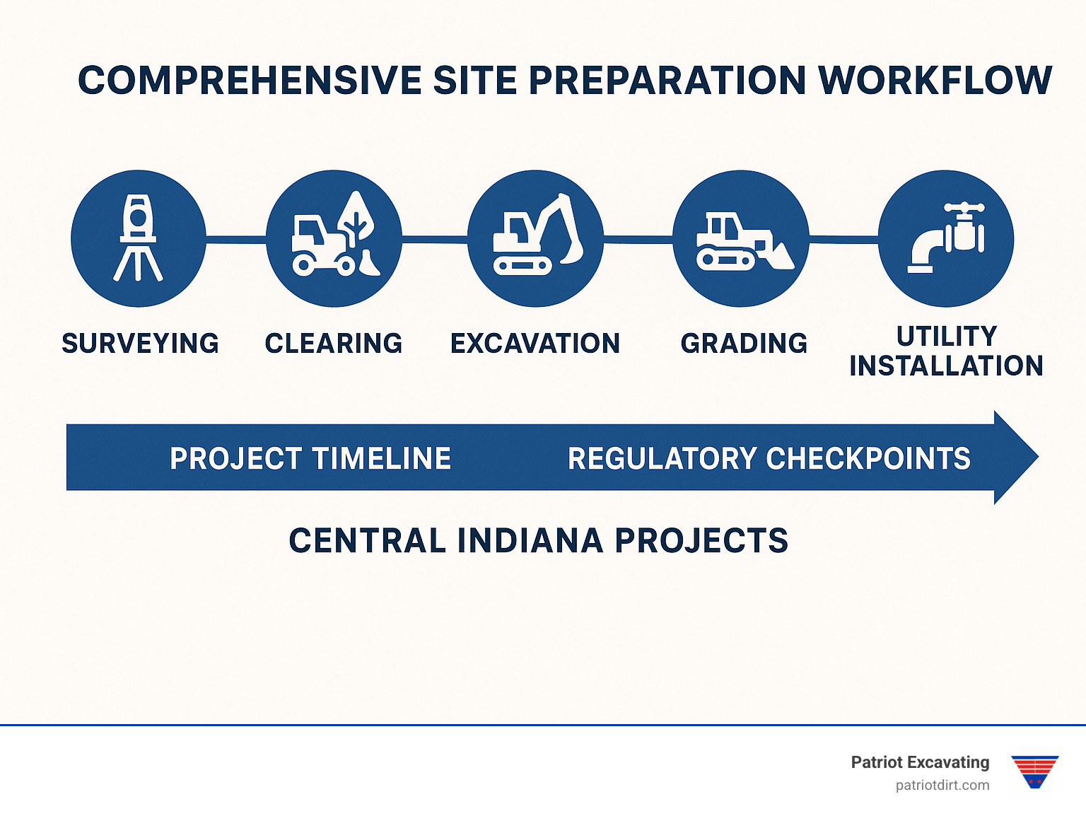 Comprehensive site preparation workflow showing surveying, clearing, excavation, grading, and utility installation phases with timeline and regulatory checkpoints for central Indiana projects - Excavation and land clearing infographic 
