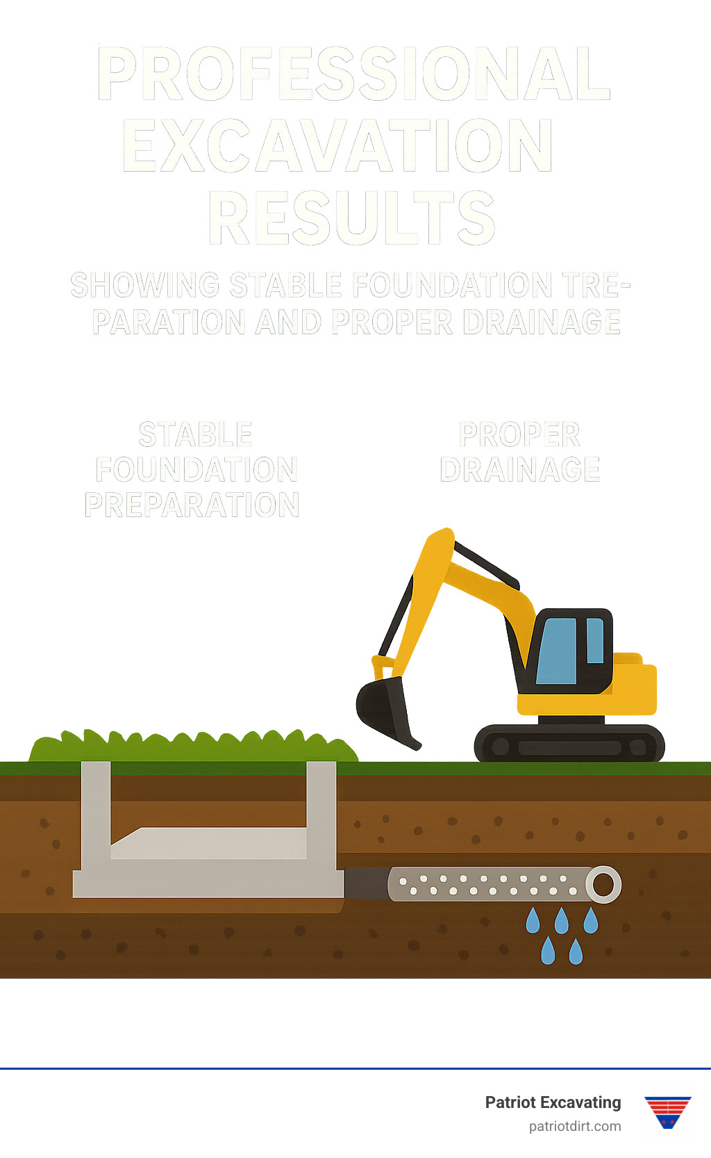 Professional excavation results showing stable foundation preparation and proper drainage - Excavation and land clearing infographic 