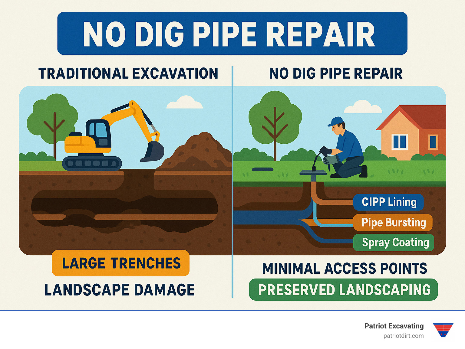 Detailed comparison infographic showing traditional excavation with large trenches, heavy equipment, and landscape damage versus no dig pipe repair with minimal access points, preserved landscaping, and underground pipe restoration techniques including CIPP lining, pipe bursting, and spray coating methods - no dig pipe repair infographic 