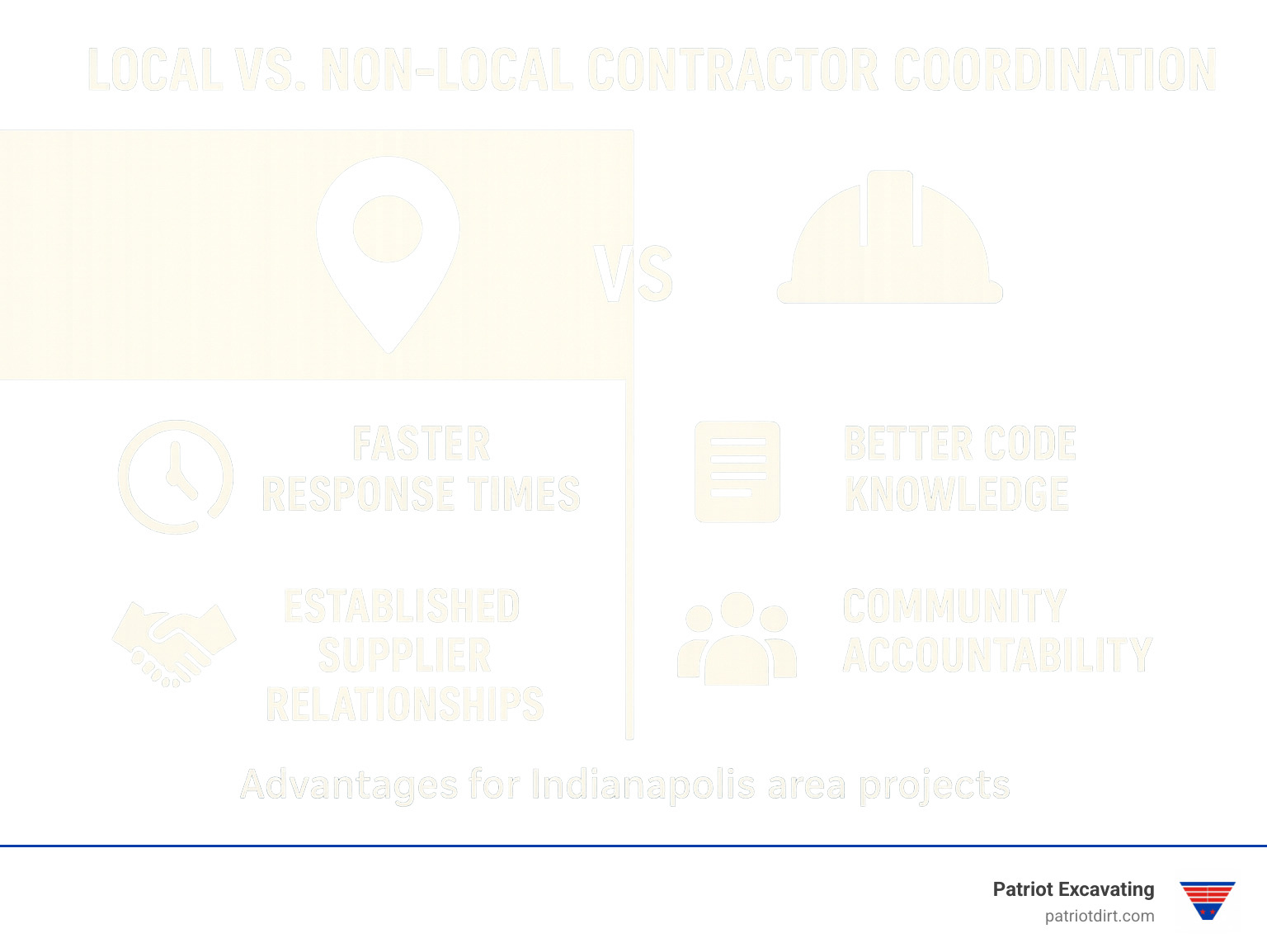 Infographic comparing local vs non-local contractor coordination showing faster response times, better code knowledge, established supplier relationships, and community accountability advantages for Indianapolis area projects - Grading contractors Indianapolis infographic 