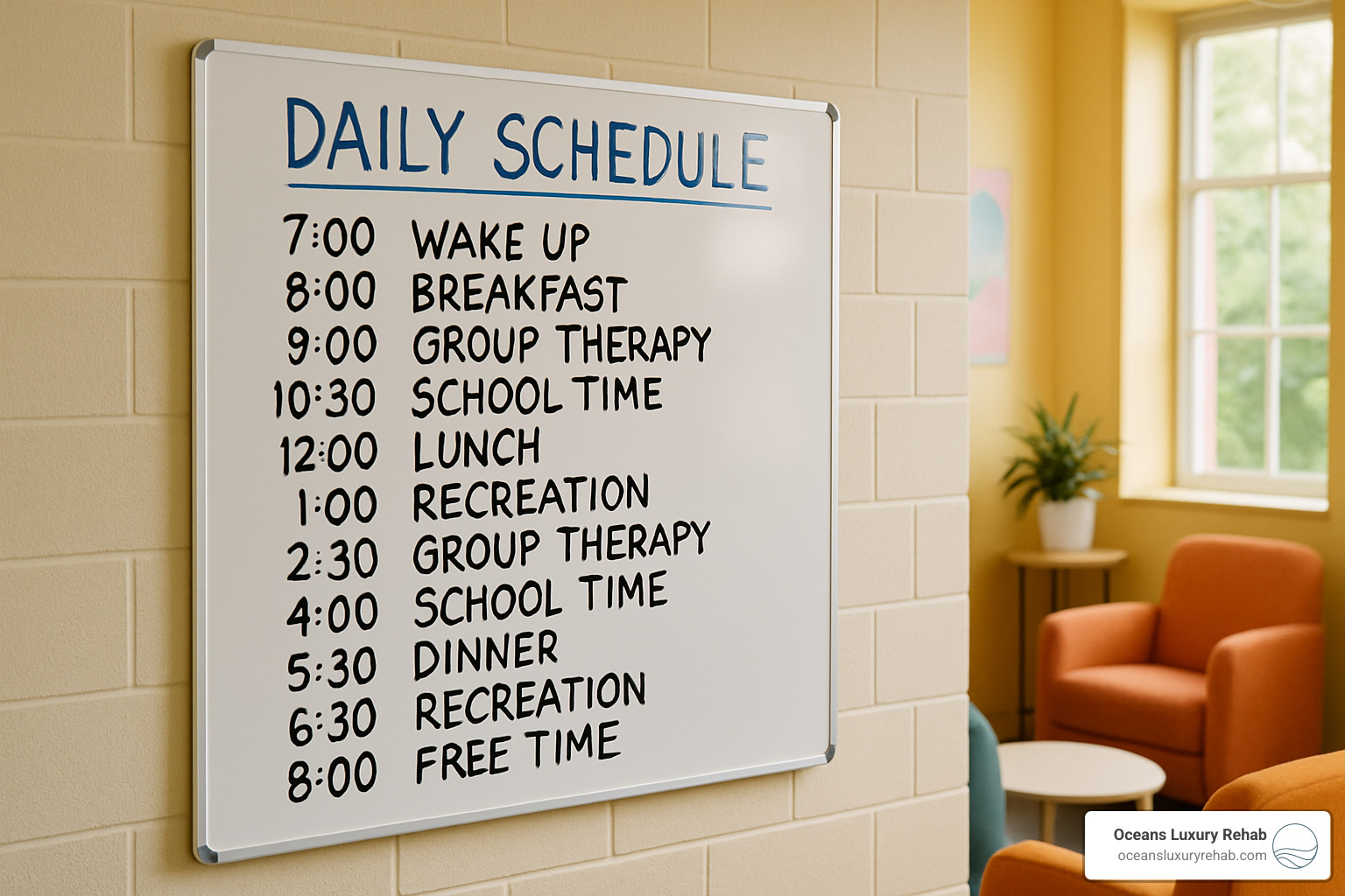 daily schedule whiteboard showing structured teen rehab activities - Inpatient rehab for teens?
