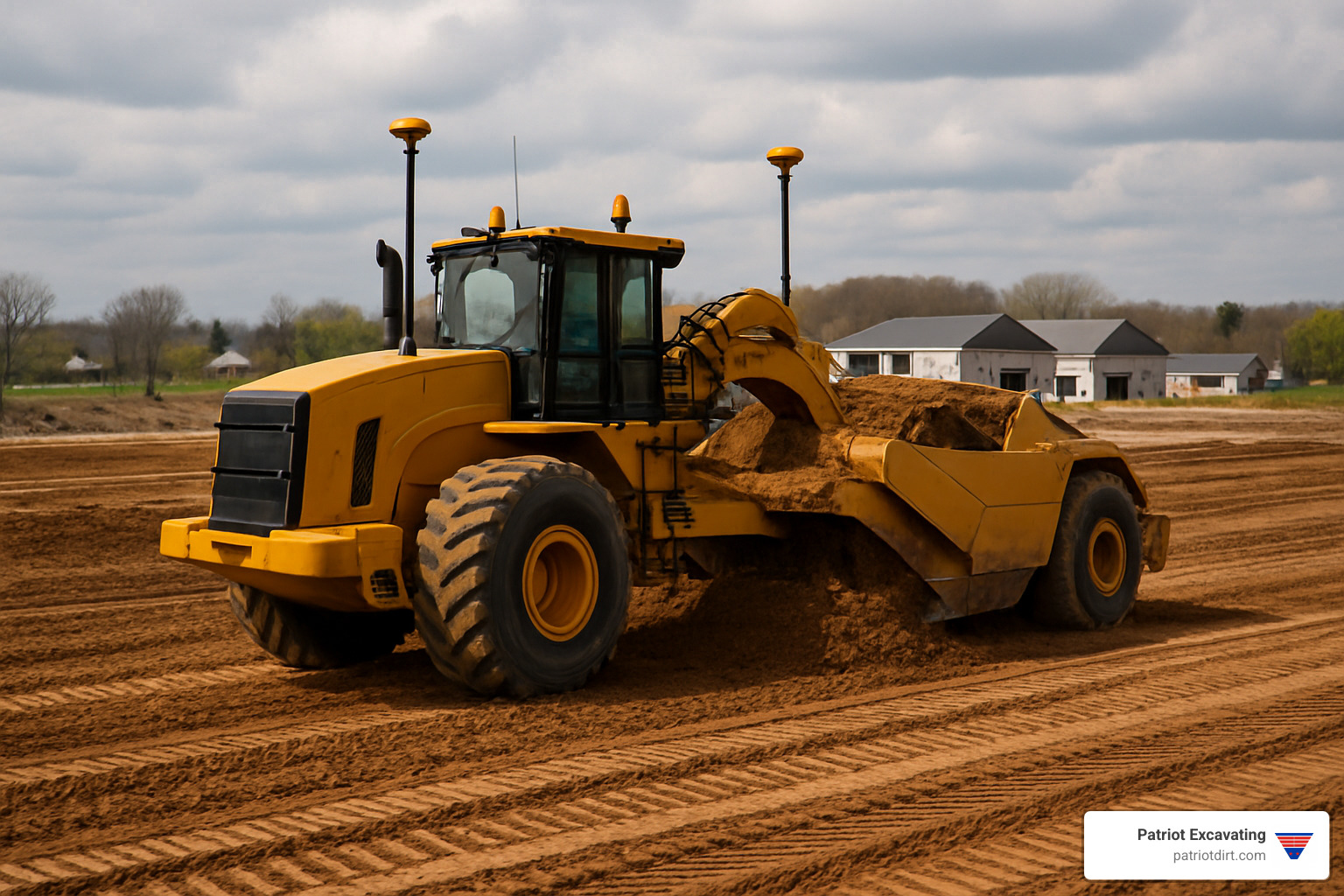 GPS-guided scraper moving soil with precision on an Indianapolis-area construction site - Land leveling contractors