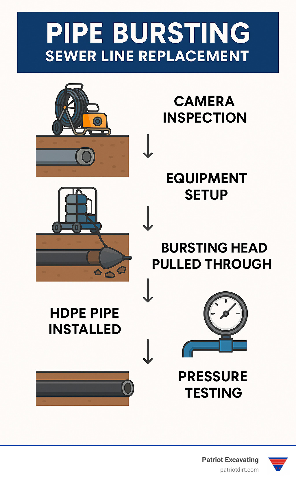 Detailed infographic showing pipe bursting process timeline from initial camera inspection through final pressure testing, including equipment setup, bursting head pulling sequence, and HDPE pipe installation phases - pipe bursting sewer line replacement infographic Detailed infographic showing pipe bursting process timeline from initial camera inspection through final pressure testing, including equipment setup, bursting head pulling sequence, and HDPE pipe installation phases - pipe bursting sewer line replacement infographic