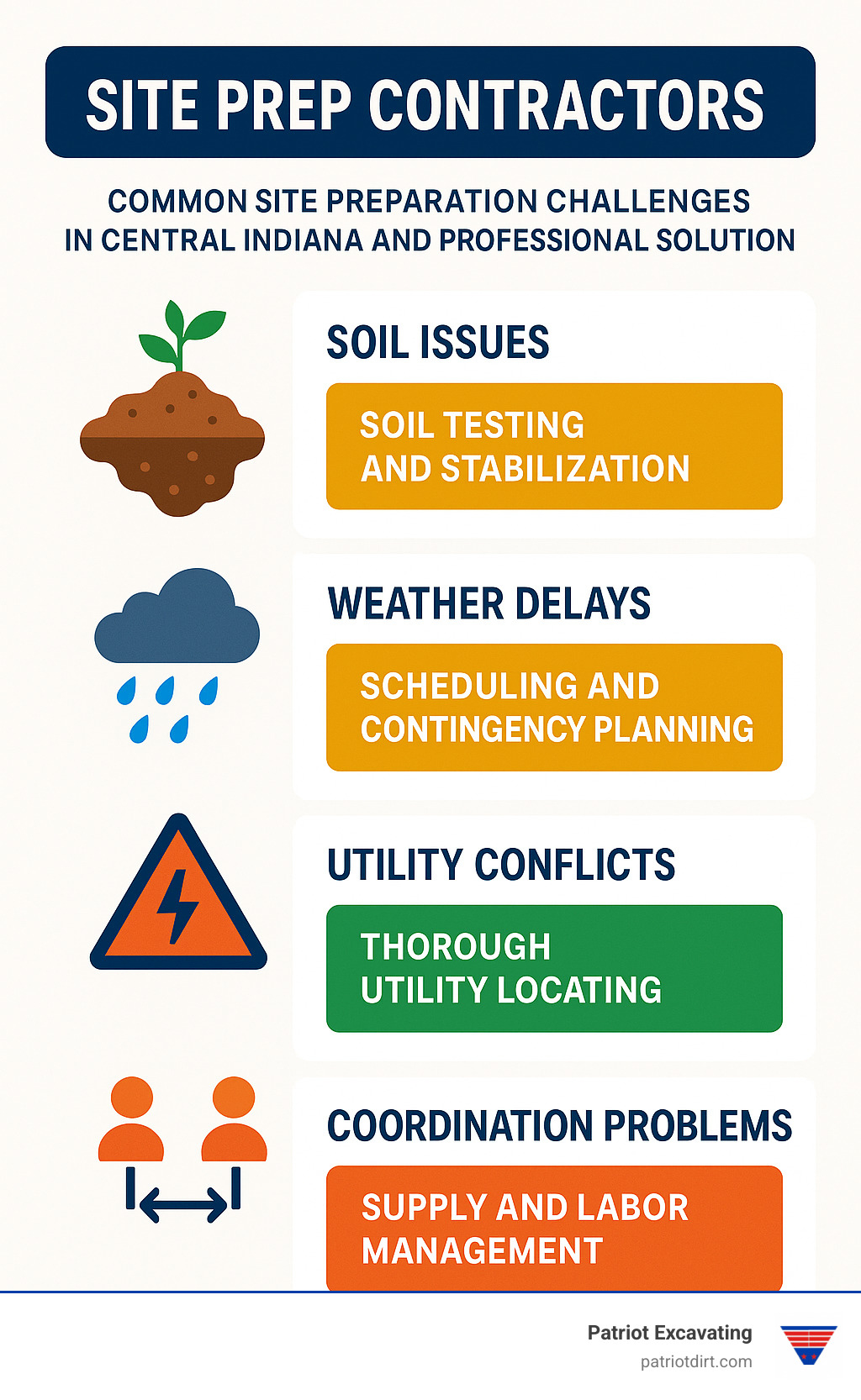 Infographic showing common site preparation challenges in Central Indiana and professional solutions, including soil issues, weather delays, utility conflicts, and coordination problems - Site prep contractors infographic Infographic showing common site preparation challenges in Central Indiana and professional solutions, including soil issues, weather delays, utility conflicts, and coordination problems - Site prep contractors infographic