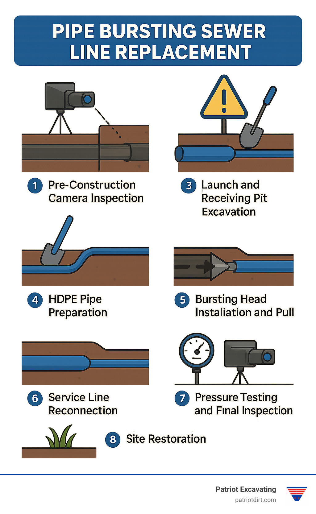 Detailed step-by-step infographic showing the burst-and-pull sequence, from camera inspection through final testing, with cross-section views of the bursting head breaking the old pipe while pulling new HDPE pipe - pipe bursting sewer line replacement infographic Detailed step-by-step infographic showing the burst-and-pull sequence, from camera inspection through final testing, with cross-section views of the bursting head breaking the old pipe while pulling new HDPE pipe - pipe bursting sewer line replacement infographic