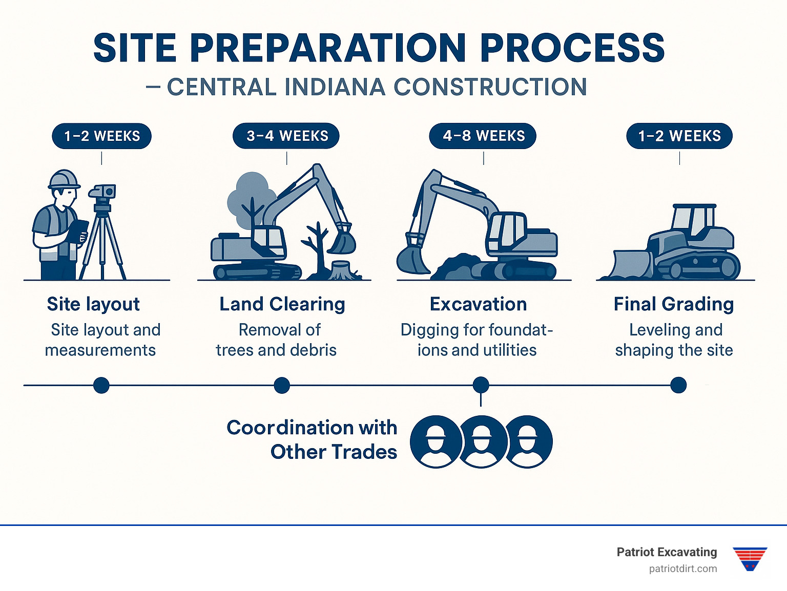 Detailed infographic showing the complete site preparation process from initial survey through final grading, including timeline milestones, equipment used at each stage, and coordination points with other trades in Central Indiana construction projects - Site prep contractors infographic Detailed infographic showing the complete site preparation process from initial survey through final grading, including timeline milestones, equipment used at each stage, and coordination points with other trades in Central Indiana construction projects - Site prep contractors infographic