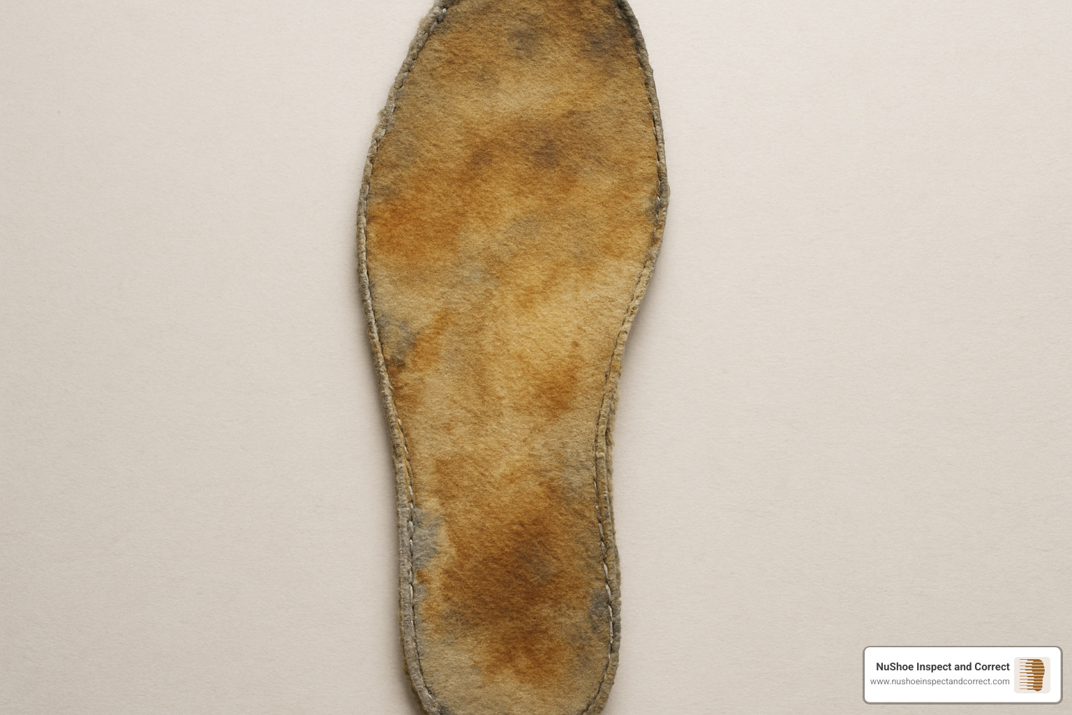close-up photo of a worn insole showing compressed foam, discoloration, and fabric wear - best way to clean insoles of shoes