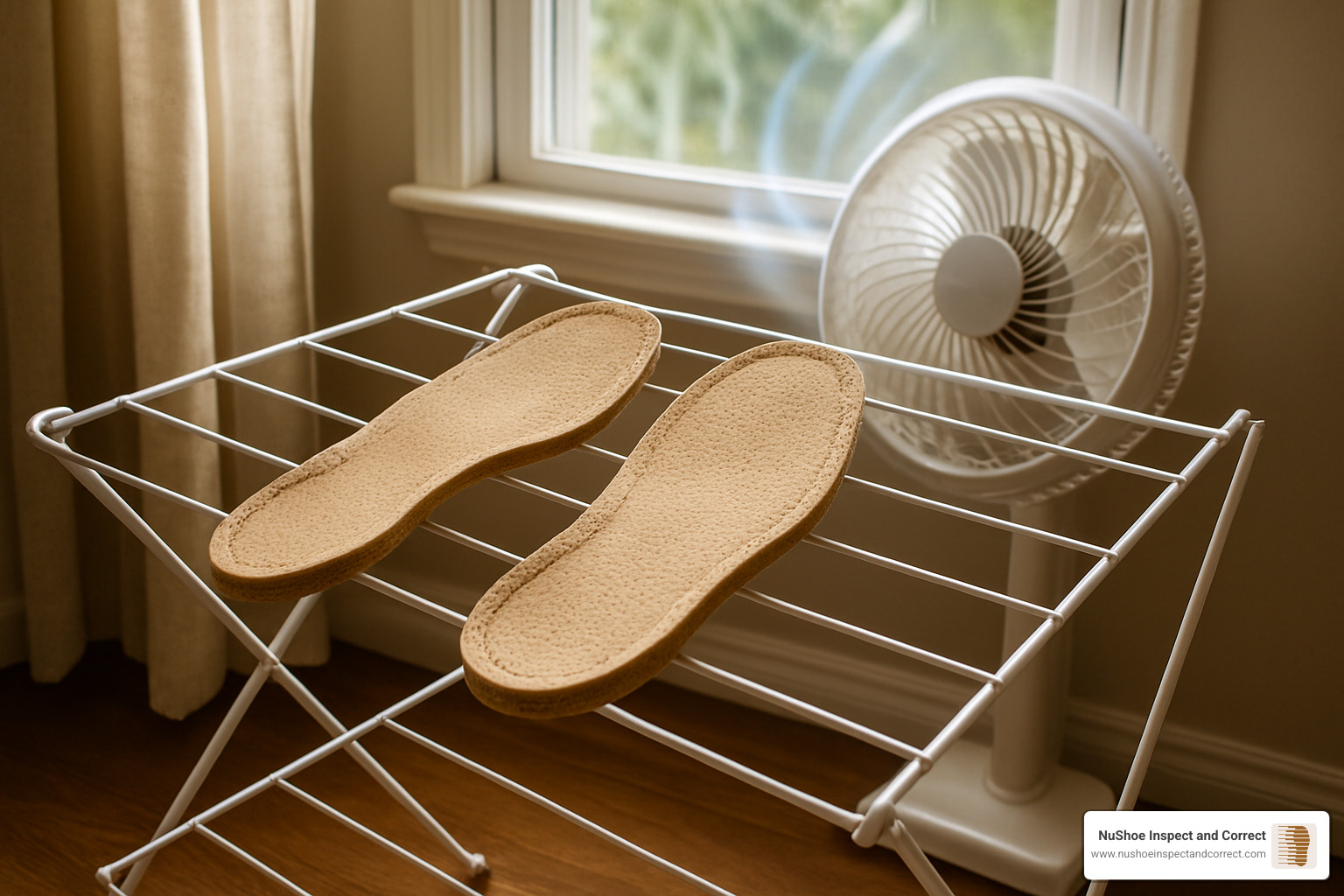 insoles drying on a ventilated drying rack with good airflow - best way to clean insoles of shoes
