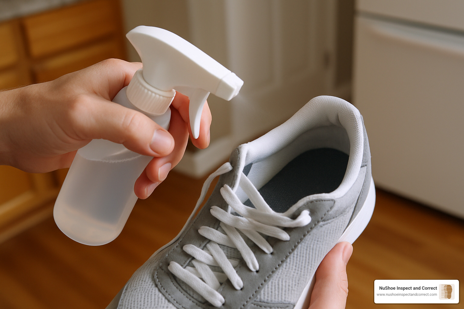 person spraying cleaning solution onto a fixed insole inside a shoe - best way to clean insoles of shoes