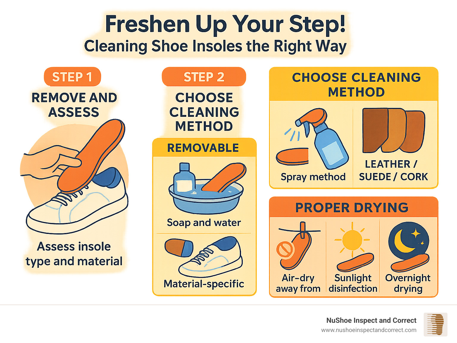 Comprehensive infographic showing the 3-step insole cleaning process: Step 1 - Remove and assess insole type and material, Step 2 - Choose appropriate cleaning method based on material (soap and water for removable, spray method for fixed, material-specific treatments for leather/suede/cork), Step 3 - Proper drying techniques including air-drying away from heat, sunlight disinfection, and overnight drying before reinsertion - best way to clean insoles of shoes infographic 