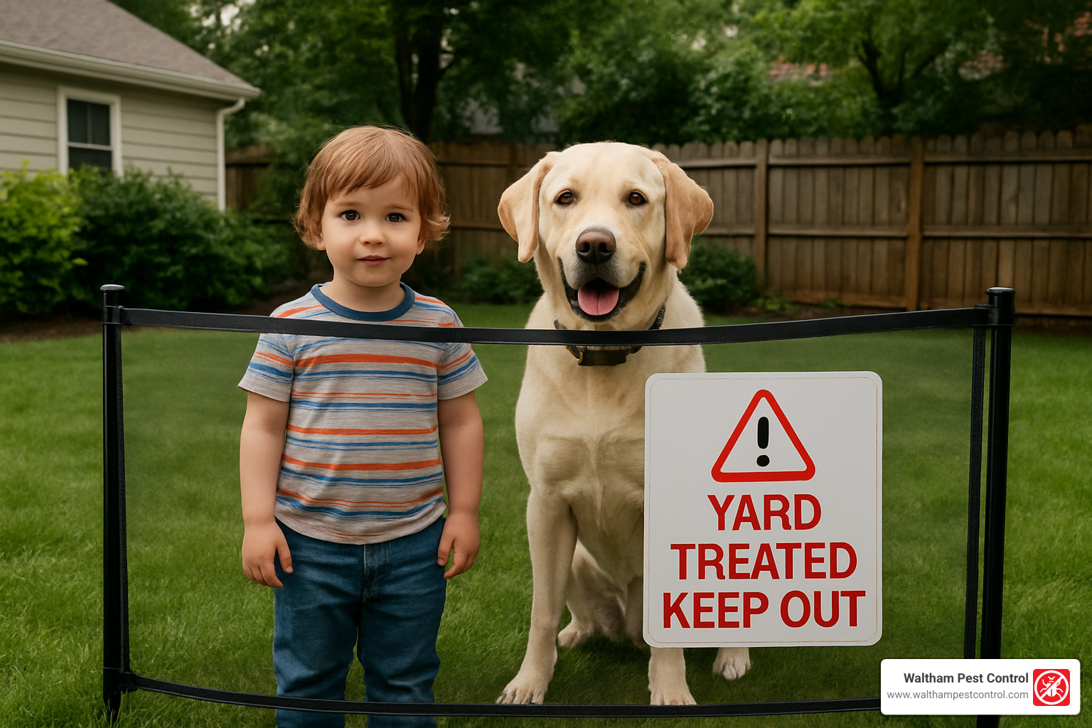 child and dog behind safety barrier sign - how to treat yard for ticks