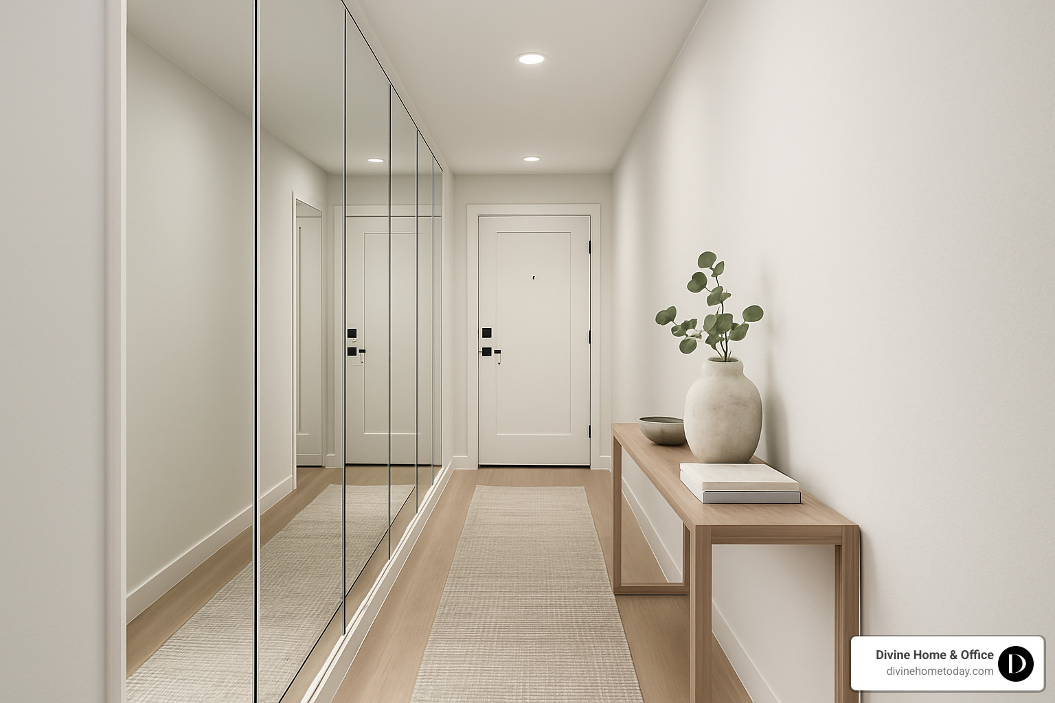 Mirror-doubled hallway showing how strategic mirror placement can make a narrow entryway appear twice as wide - entryway modern foyer design